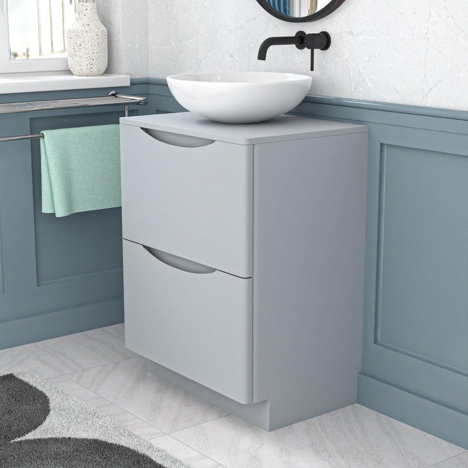 Merton 600mm Freestanding Matte Grey Vanity Unit Ceramic Round Basin
