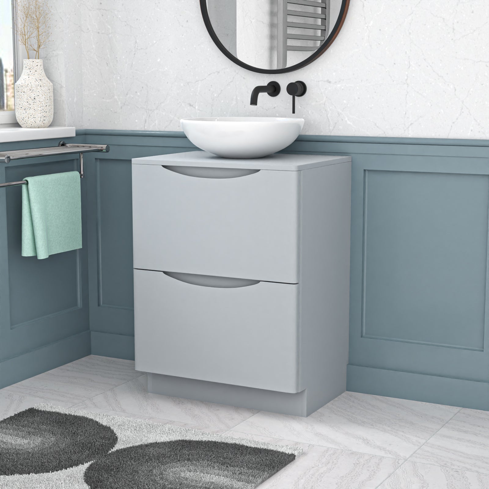 Merton 600mm Freestanding Matte Grey Vanity Unit Ceramic Round Basin