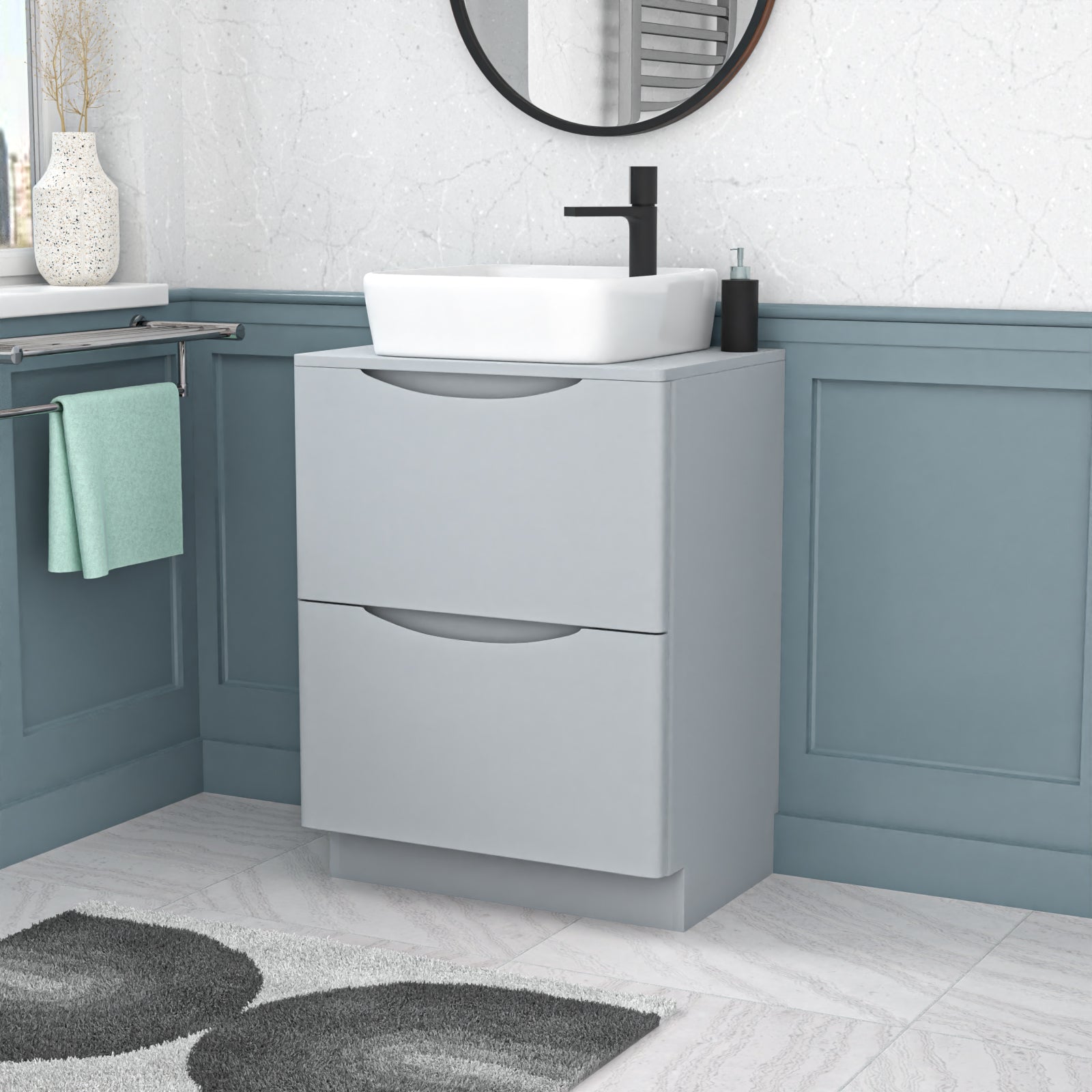 Merton 600mm Freestanding Matte Grey Vanity Unit Ceramic Rounded Corner Basin