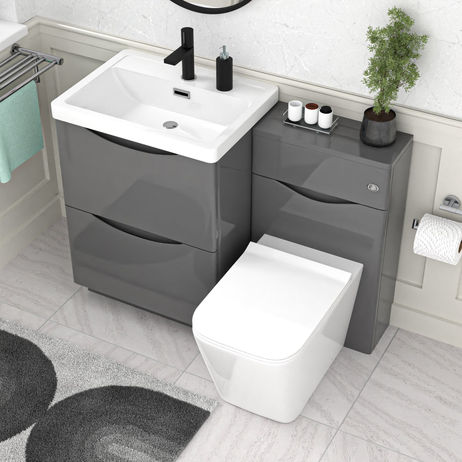 Bathroom setup with gray vanity unit, white sink, and toilet.