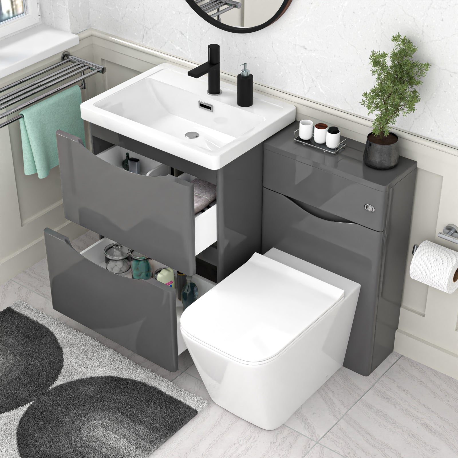 Bathroom setup with gray vanity unit, white sink, and toilet.
