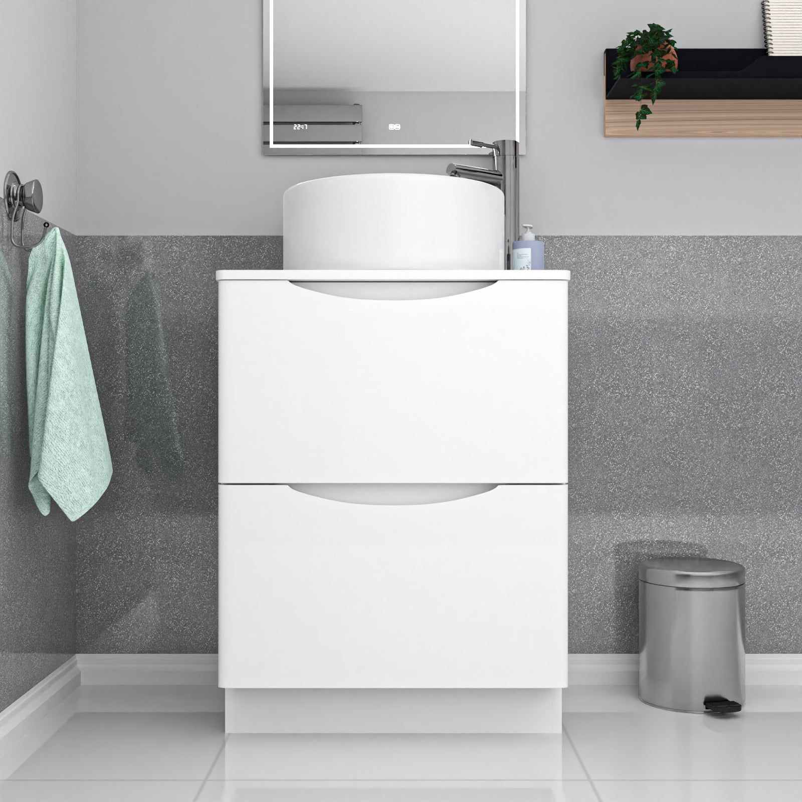Merton 600mm White Freestanding Vanity Unit, Worktop With Round Bowl Basin