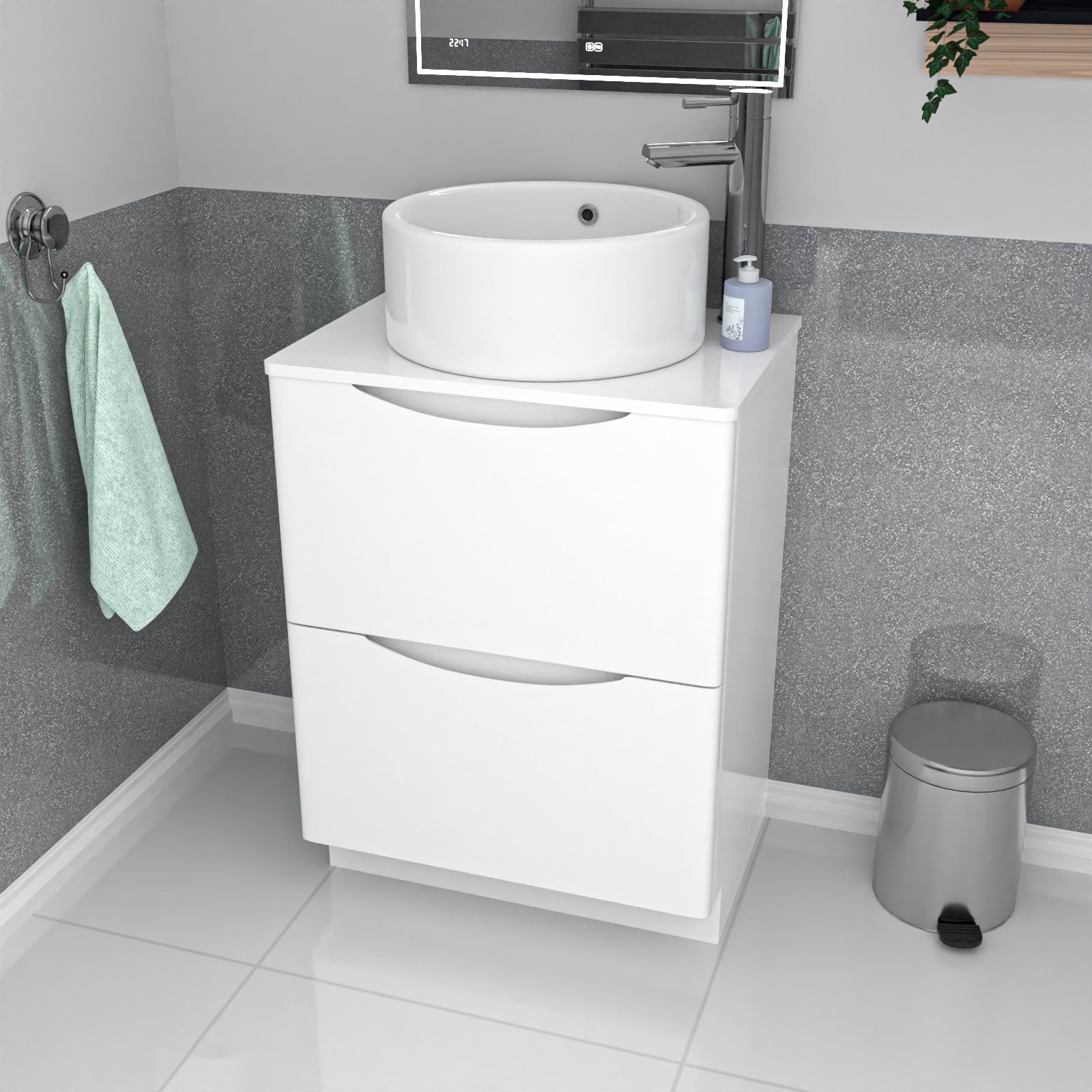 Merton 600mm White Freestanding Vanity Unit, Worktop With Round Bowl Basin