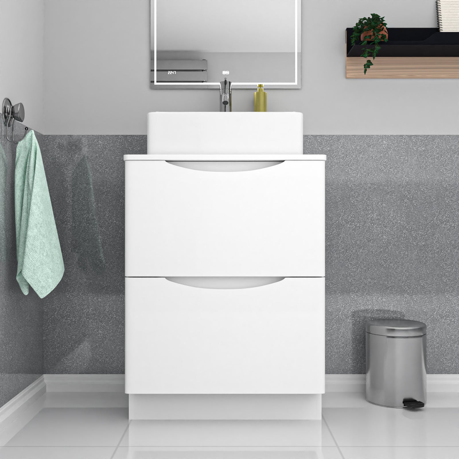 Merton 600mm White Freestanding Vanity Unit, Worktop With Square Bowl Basin