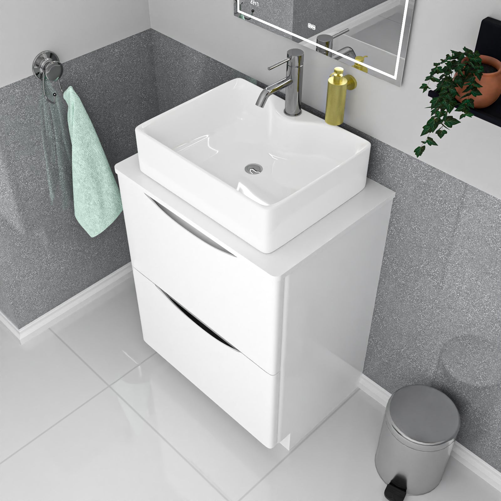 Merton 600mm White Freestanding Vanity Unit, Worktop With Square Bowl Basin