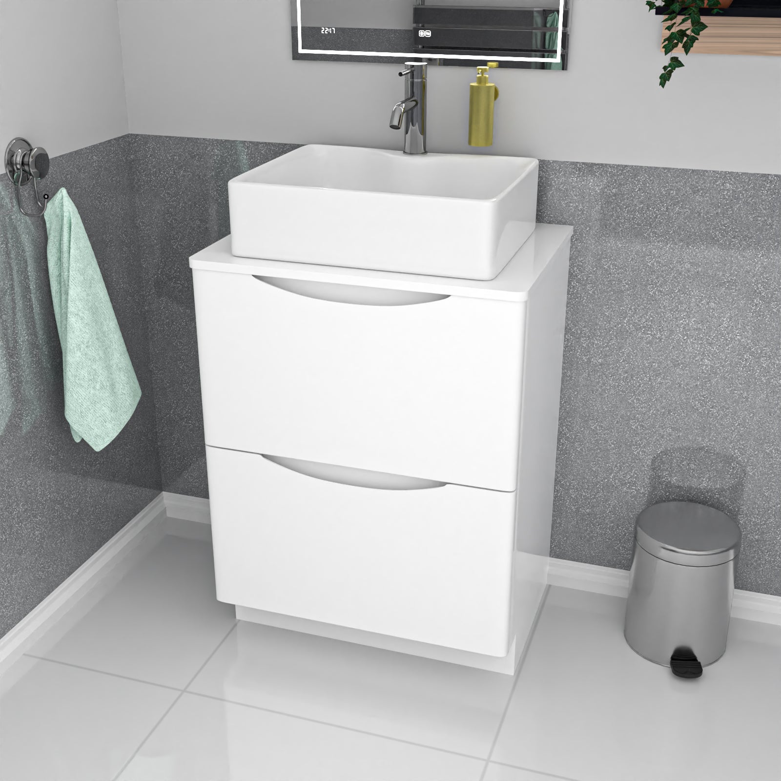 Merton 600mm White Freestanding Vanity Unit, Worktop With Square Bowl Basin
