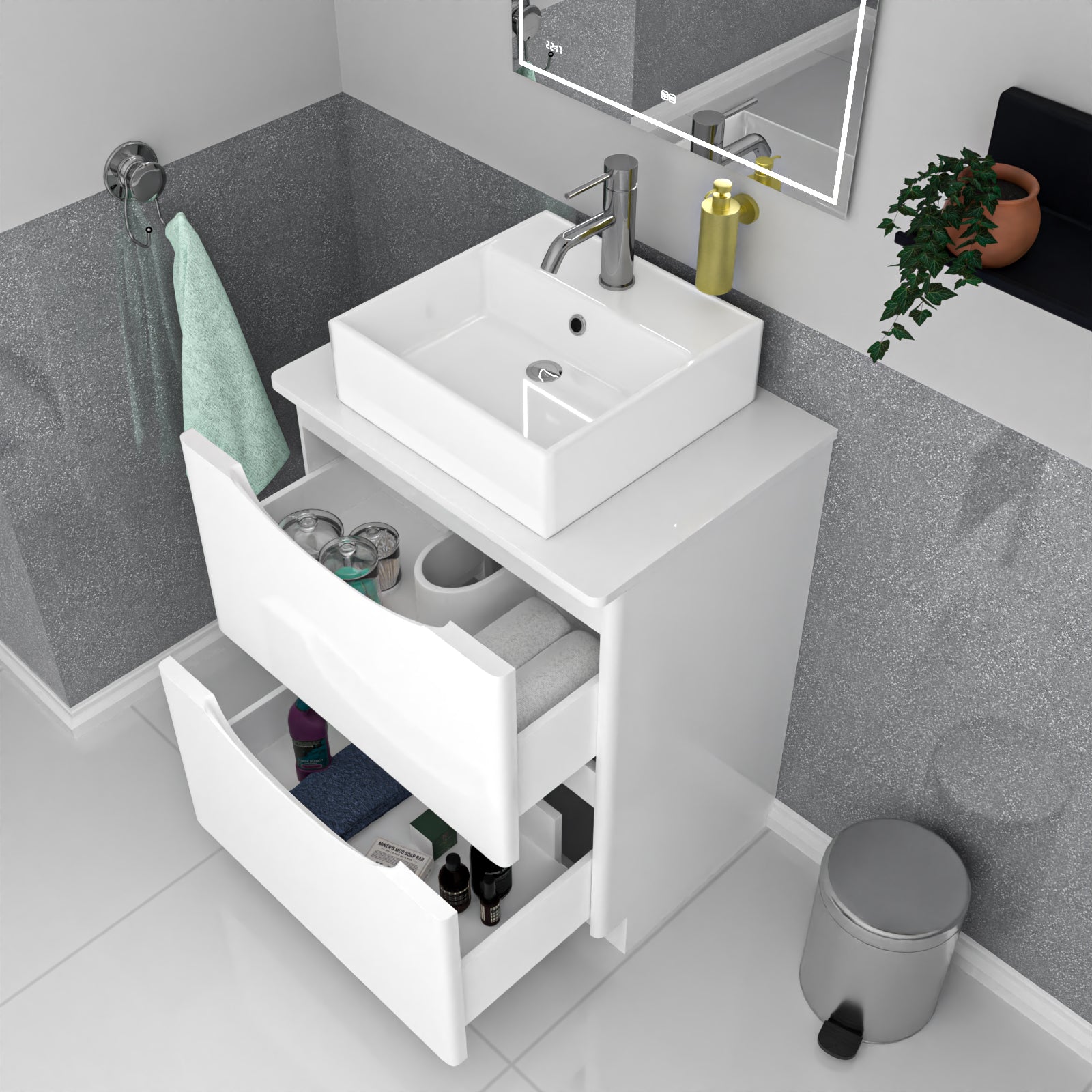 Merton 600mm White Freestanding 2 Drawers Vanity & Worktop With Square Basin