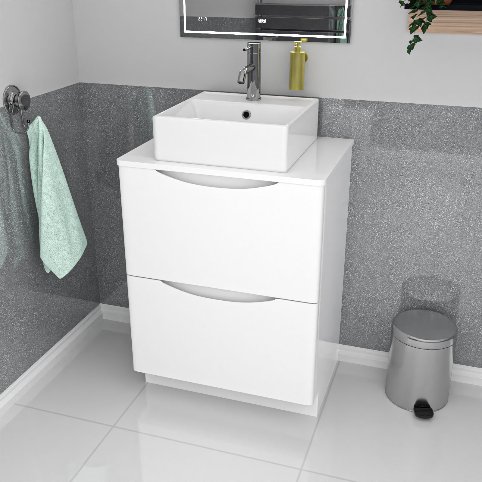 Merton 600mm White Freestanding 2 Drawers Vanity & Worktop With Square Basin