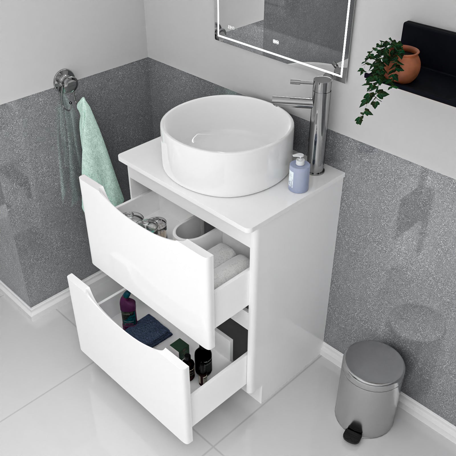 Merton 600mm White Freestanding 2 Drawers Vanity & Worktop With Round Basin