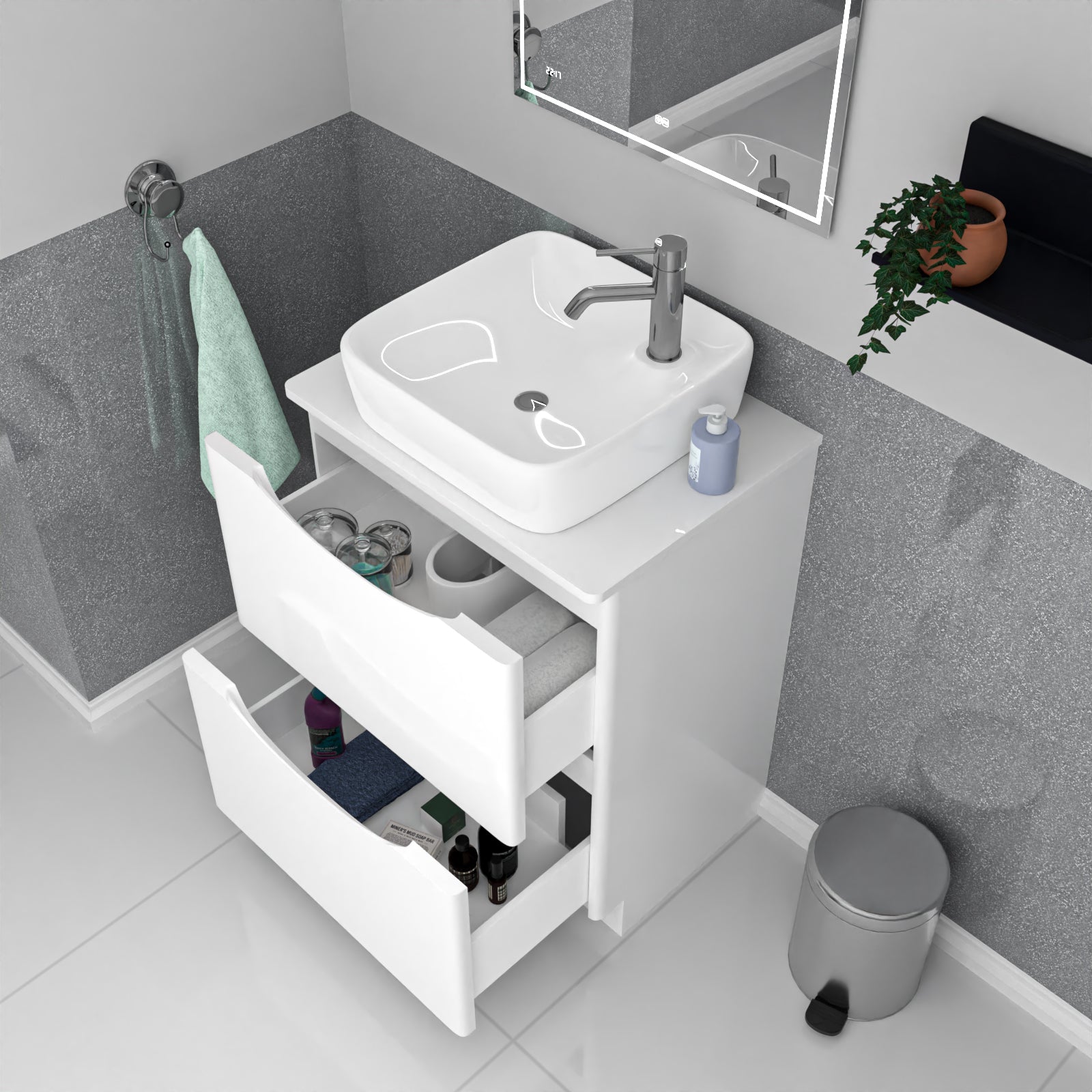 Merton 600mm White Drawers Vanity, Worktop & Square Shape Rounded Corner Basin