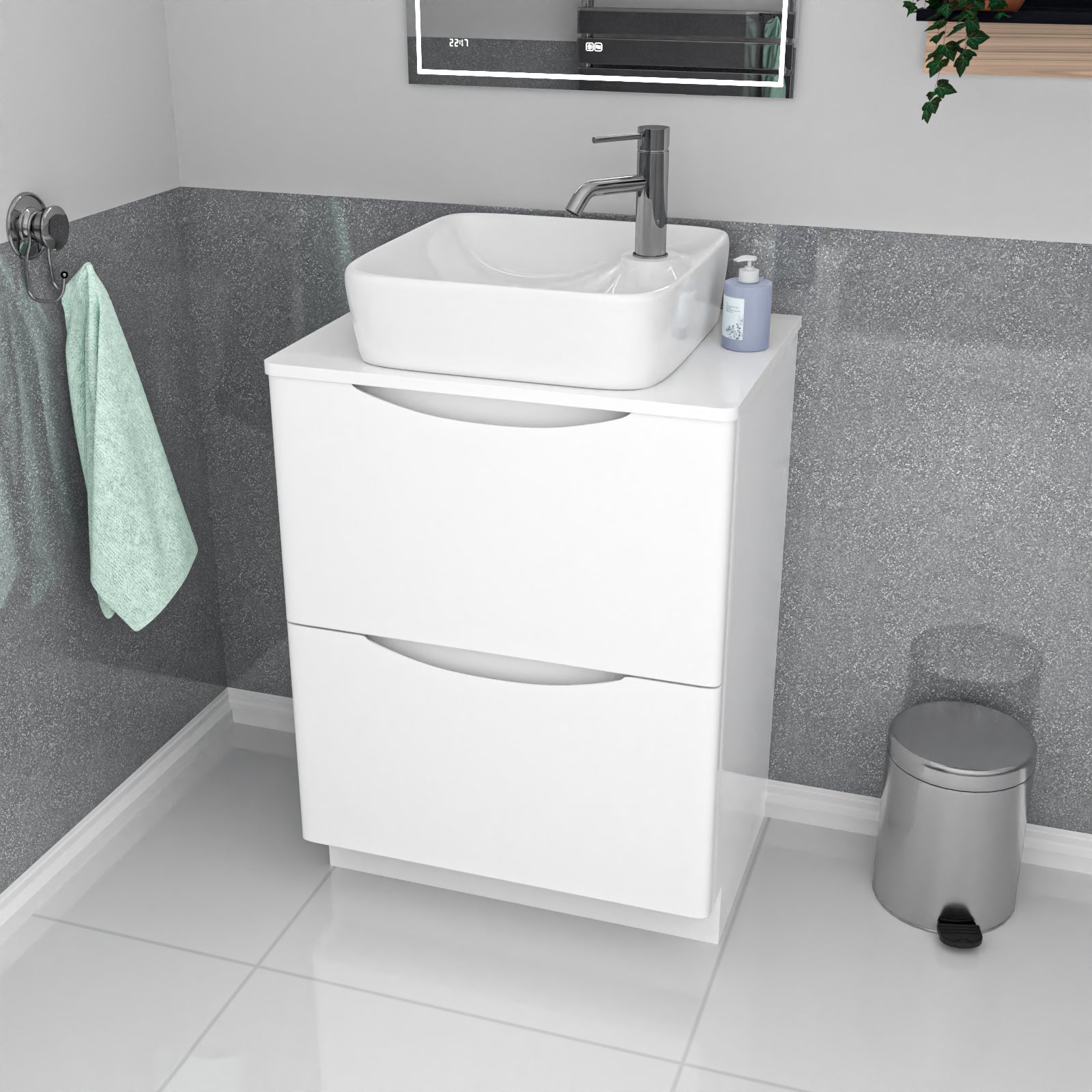 Merton 600mm White Drawers Vanity, Worktop & Square Shape Rounded Corner Basin
