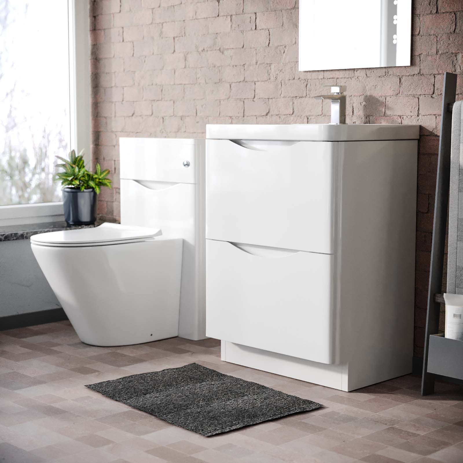 Merton 600 Freestanding White Vanity Cabinet, WC & Rimless Modern BTW Toilet Set