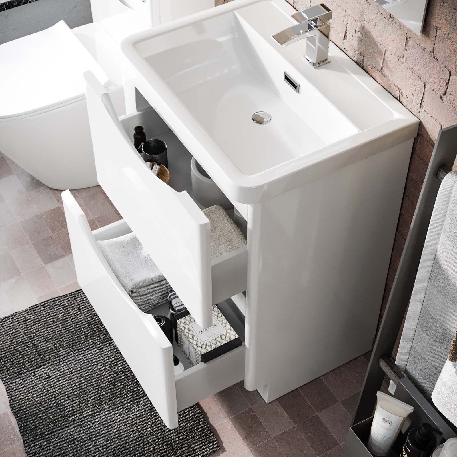 Merton 600 Freestanding White Vanity Cabinet, WC & Rimless Modern BTW Toilet Set