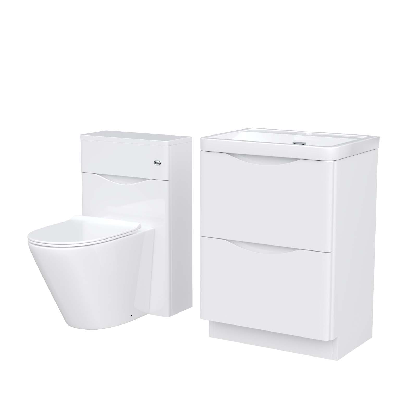 Merton 600 Freestanding White Vanity Cabinet, WC & Rimless Modern BTW Toilet Set