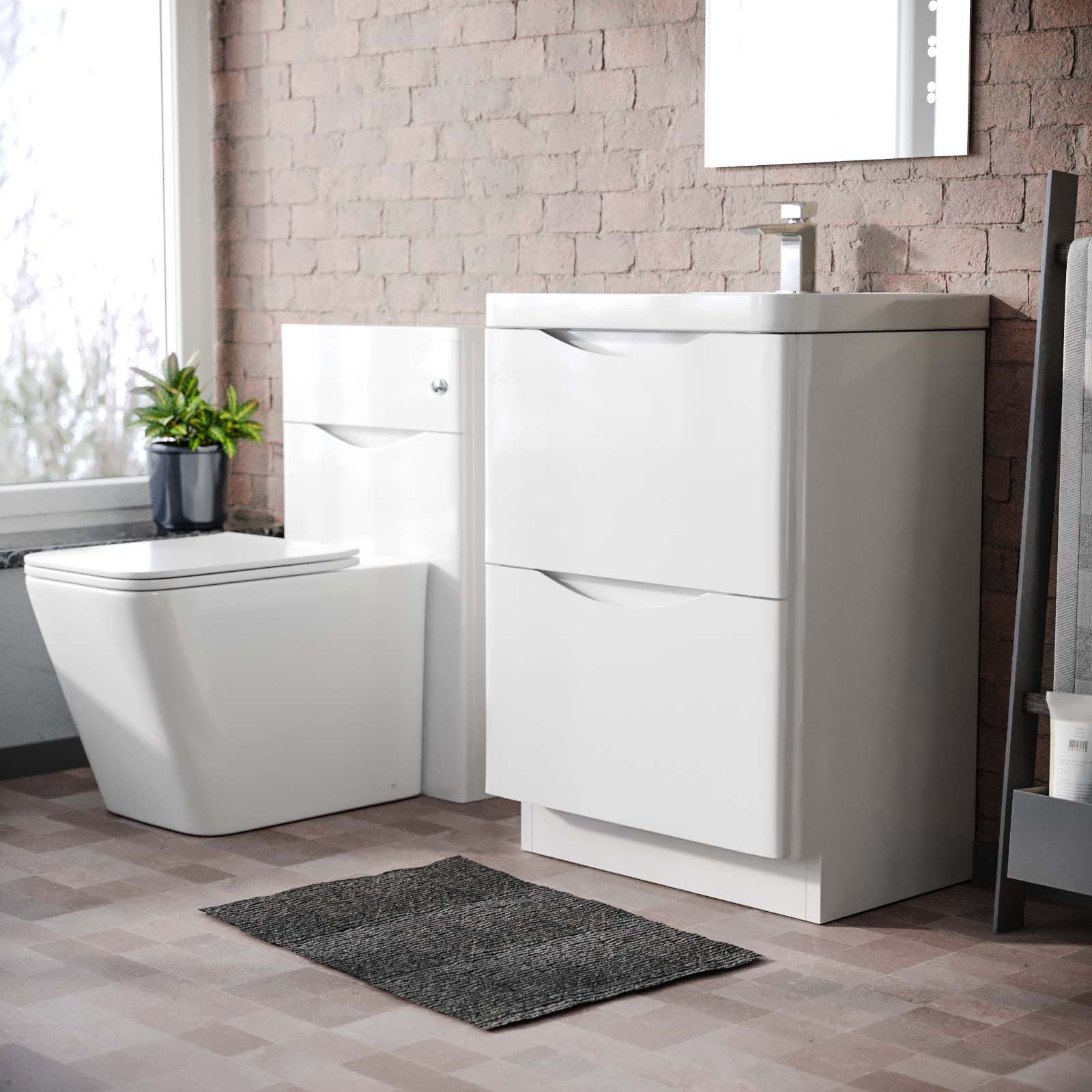 Merton 600 Freestanding White Vanity Cabinet, WC & Rimless Square BTW Toilet Set
