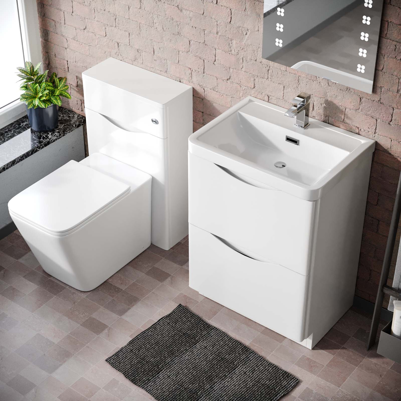 Merton 600 Freestanding White Vanity Cabinet, WC & Rimless Square BTW Toilet Set