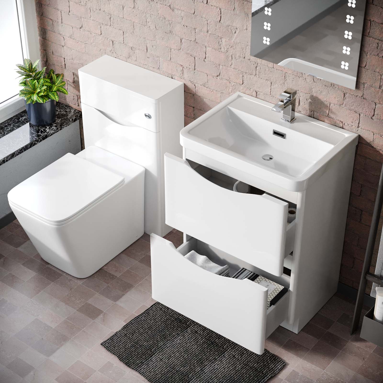 Merton 600 Freestanding White Vanity Cabinet, WC & Rimless Square BTW Toilet Set
