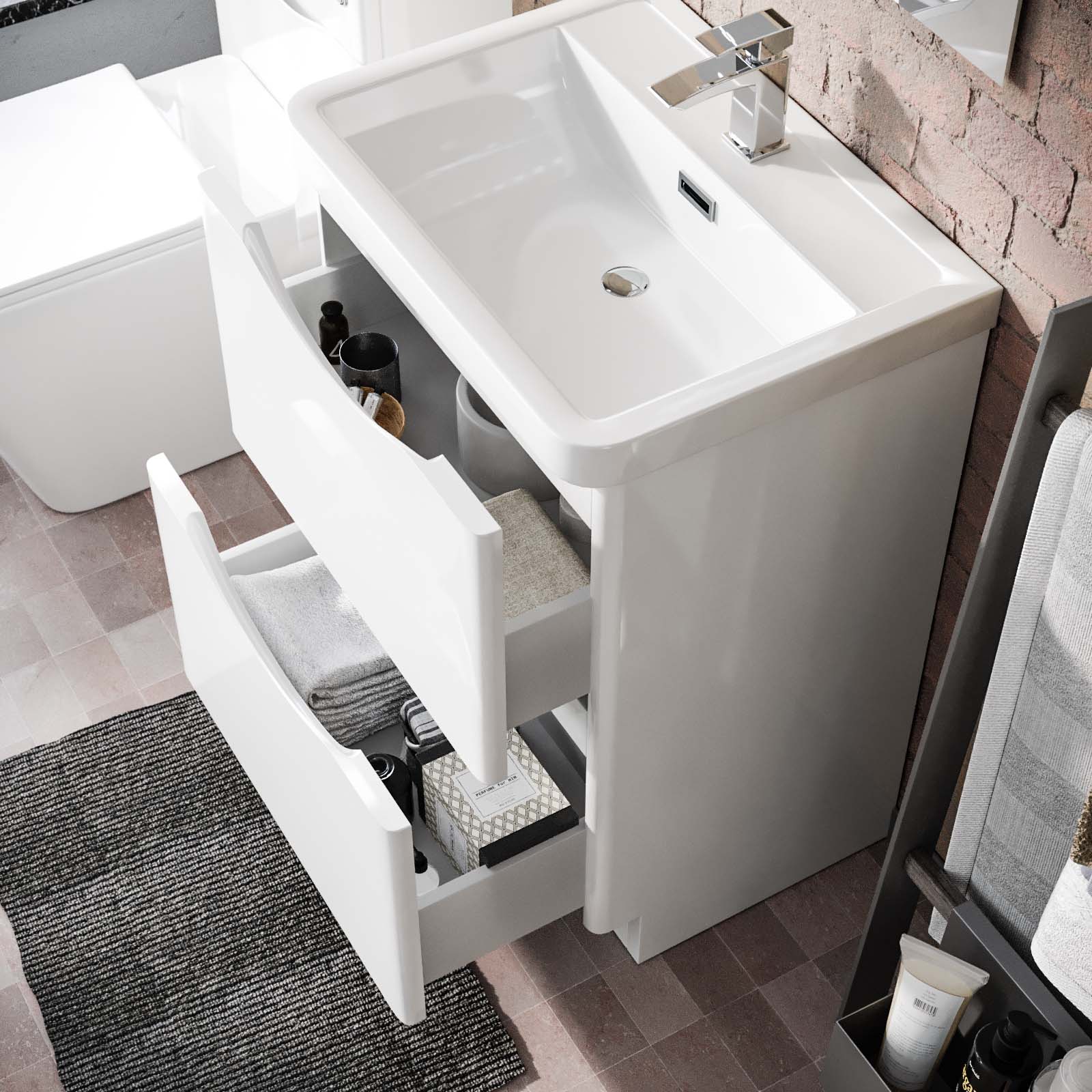 Merton 600 Freestanding White Vanity Cabinet, WC & Rimless Square BTW Toilet Set