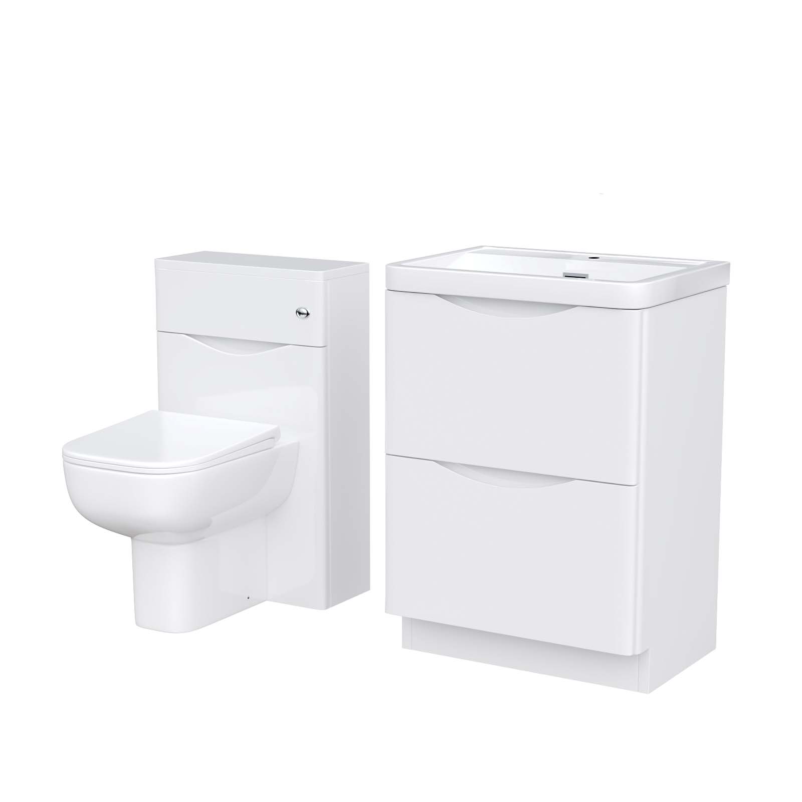 Merton 600 Freestanding White Vanity Cabinet, WC & Rimless Square BTW Toilet Set