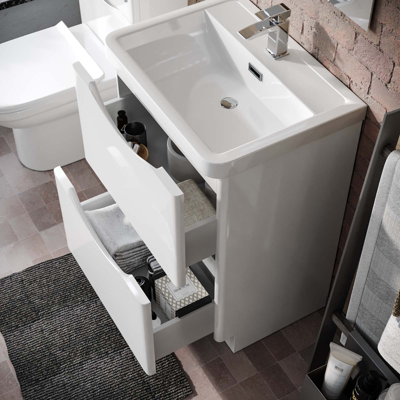 Merton 600 Freestanding White Basin Vanity Cabinet, WC & Round BTW Toilet Set