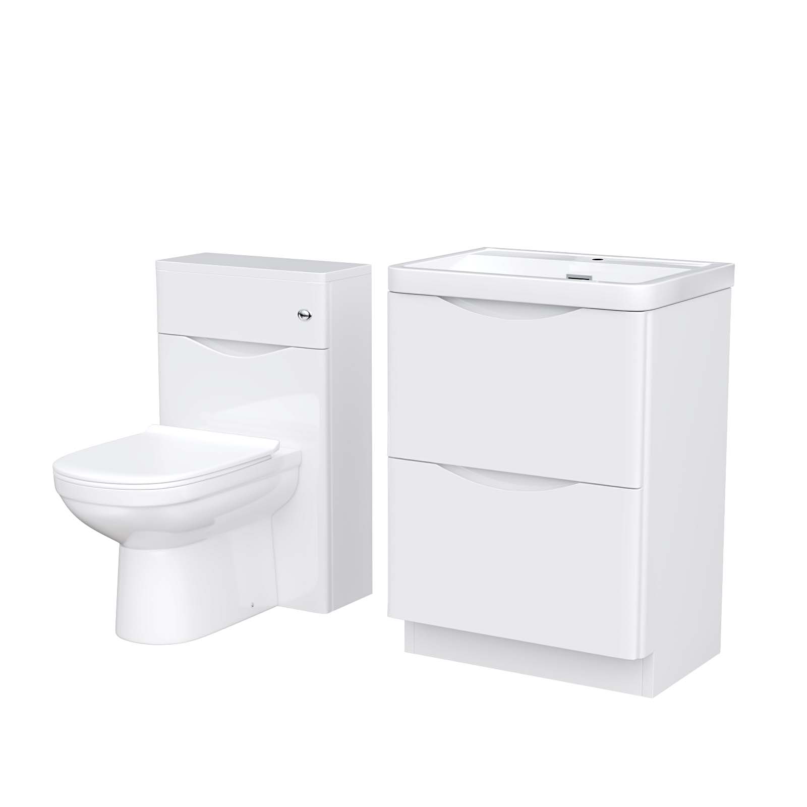 Merton 600 Freestanding White Basin Vanity Cabinet, WC & Round BTW Toilet Set