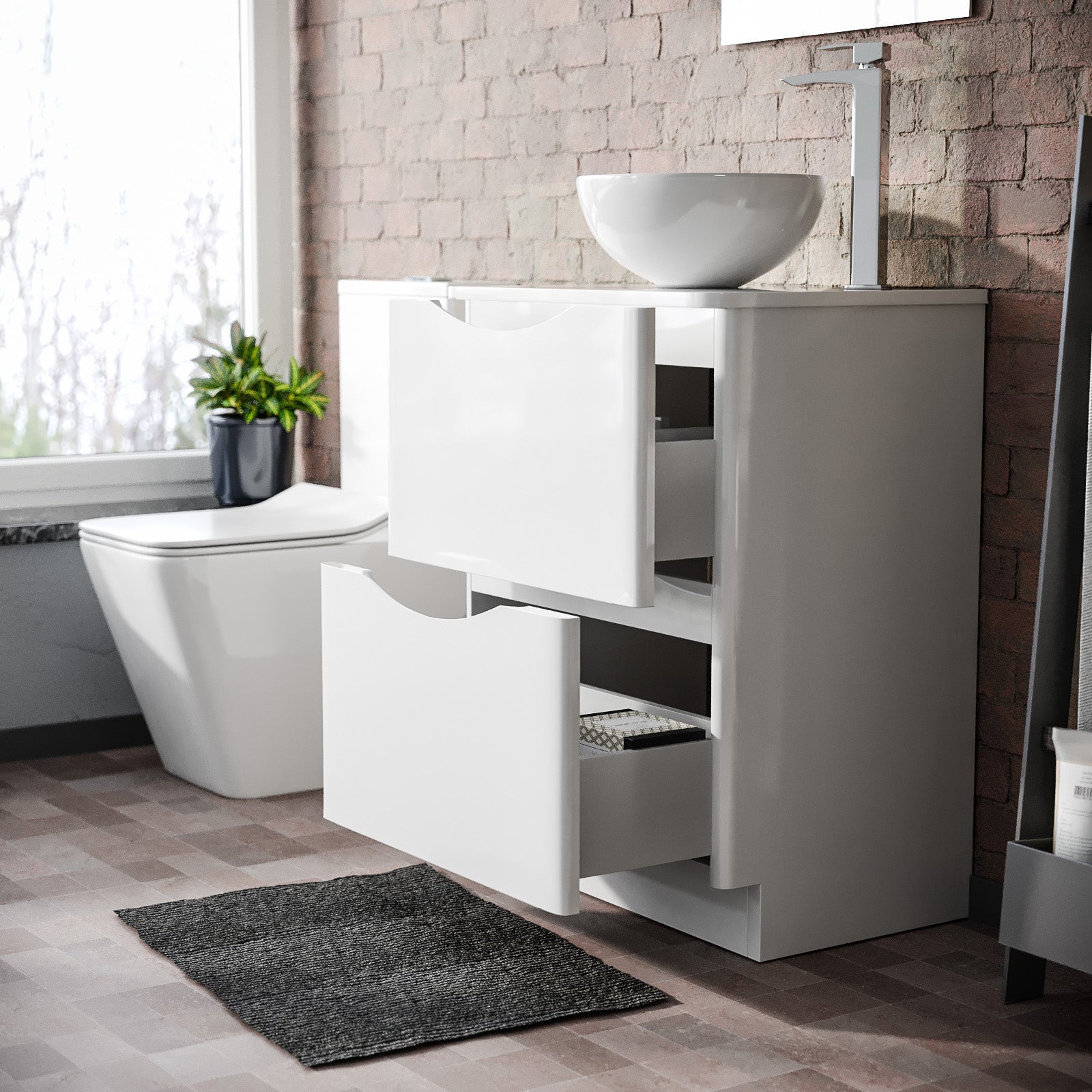 Merton White 600mm Bathroom Freestanding Vanity Unit With Round Ceramic Countertop 320mm Basin