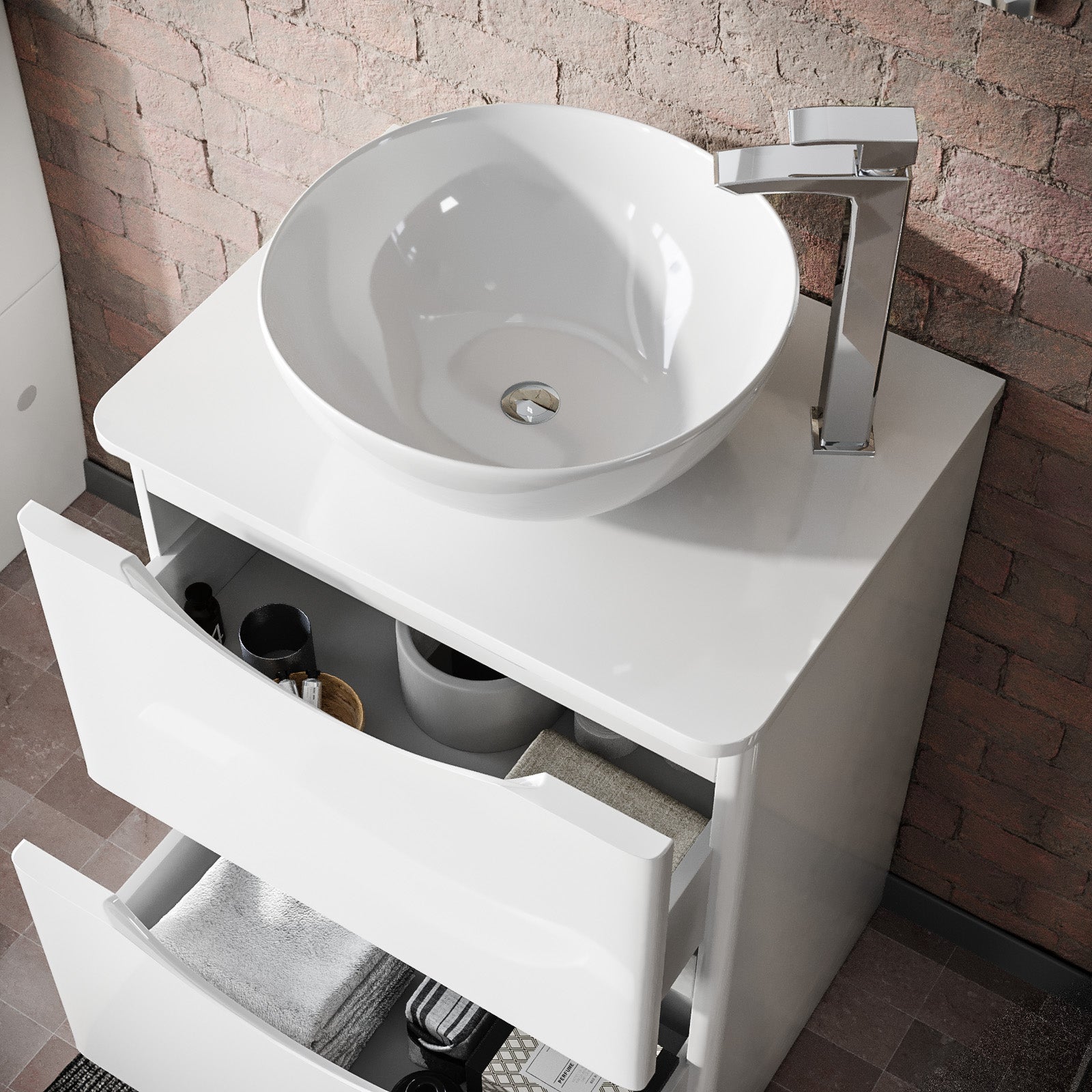 Merton White 600mm Bathroom Freestanding Vanity Unit With Round Ceramic Countertop 420mm Basin