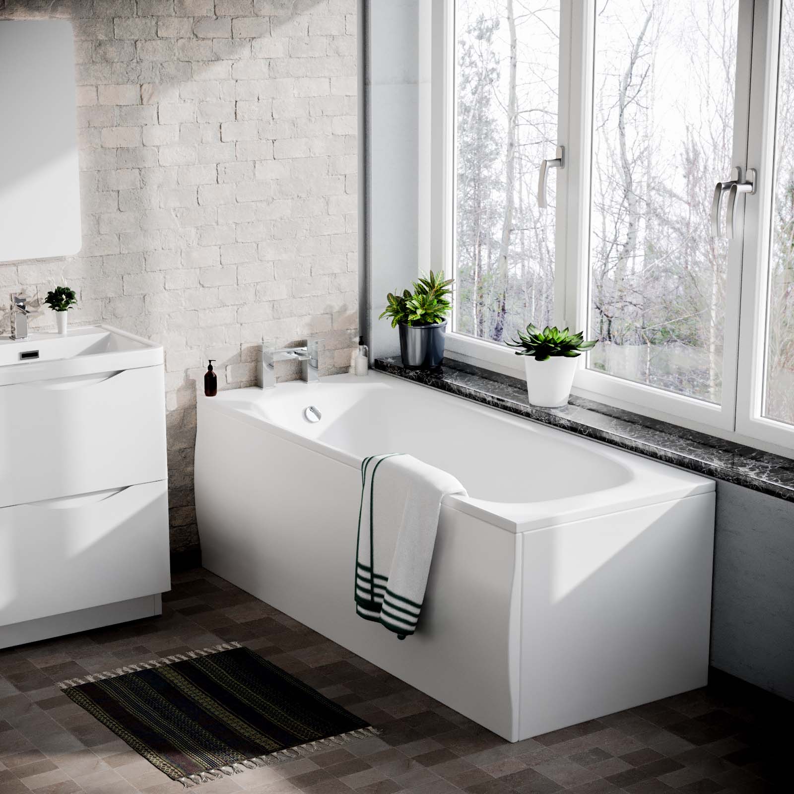 Merton 1700mm Bath, 600mm Vanity Basin Unit & Modern Rimless Toilet White