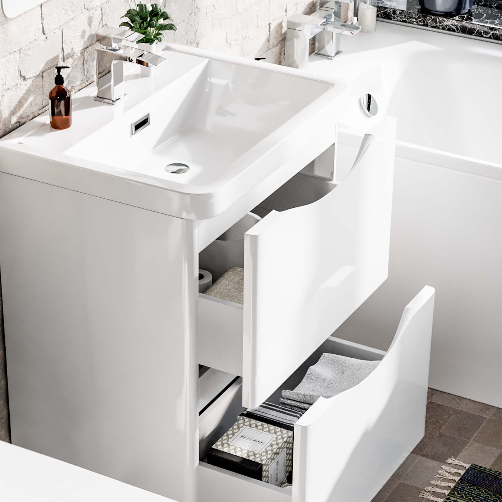 Merton 1700mm Bath, 600mm Vanity Basin Unit & Modern Rimless Toilet White