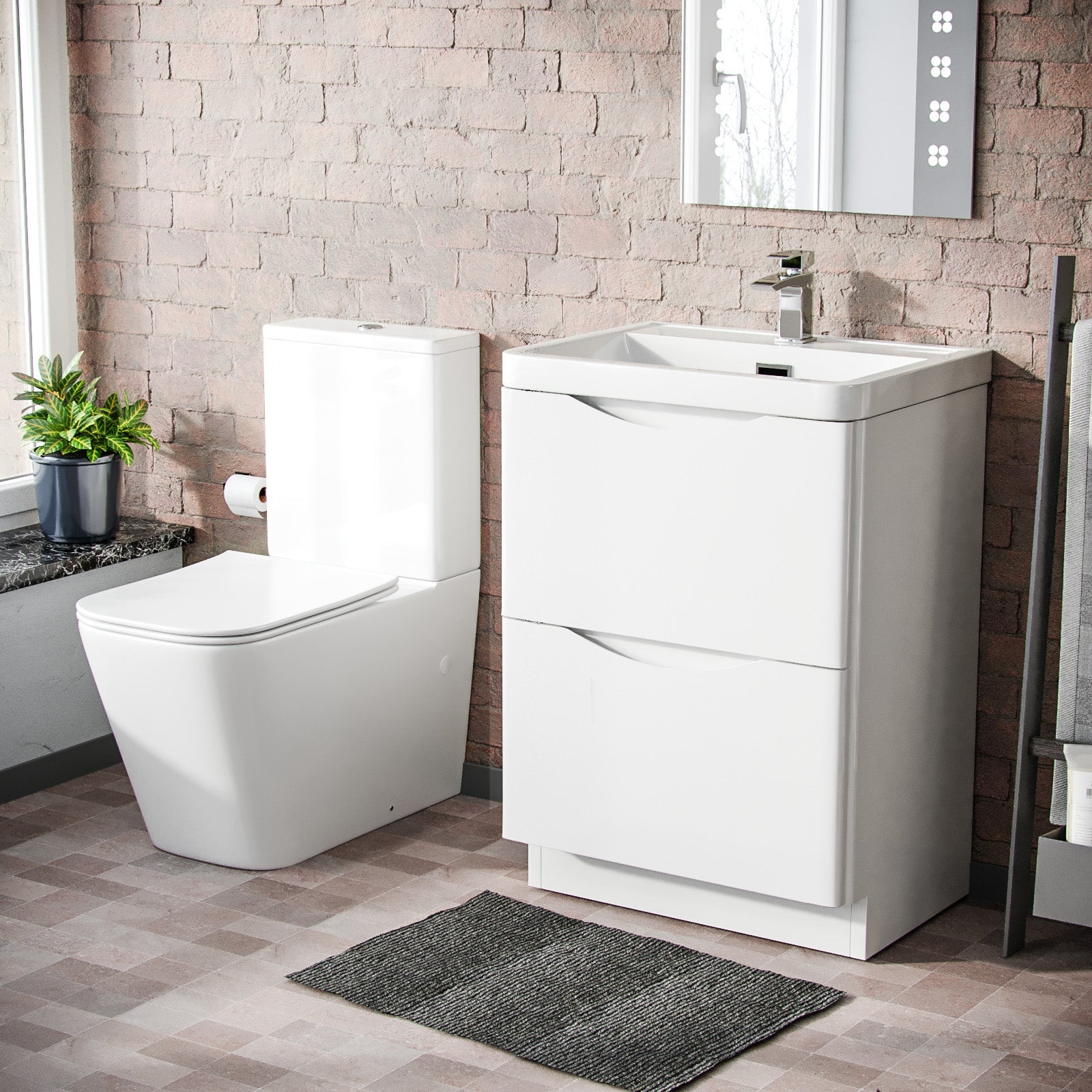 Merton 600mm Freestanding Vanity Basin Unit & Square Rimless Close Coupled Toilet White