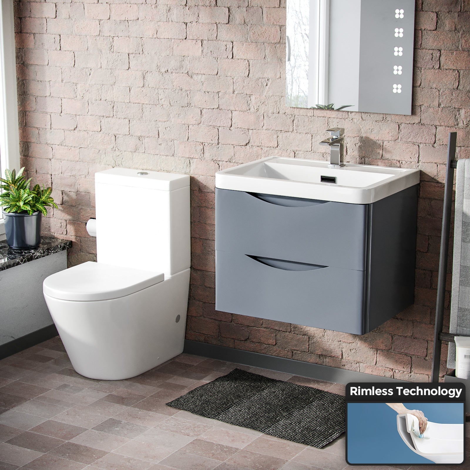 Merton 600mm Grey Basin Vanity Wall Hung and Rimless Close Coupled Toilet