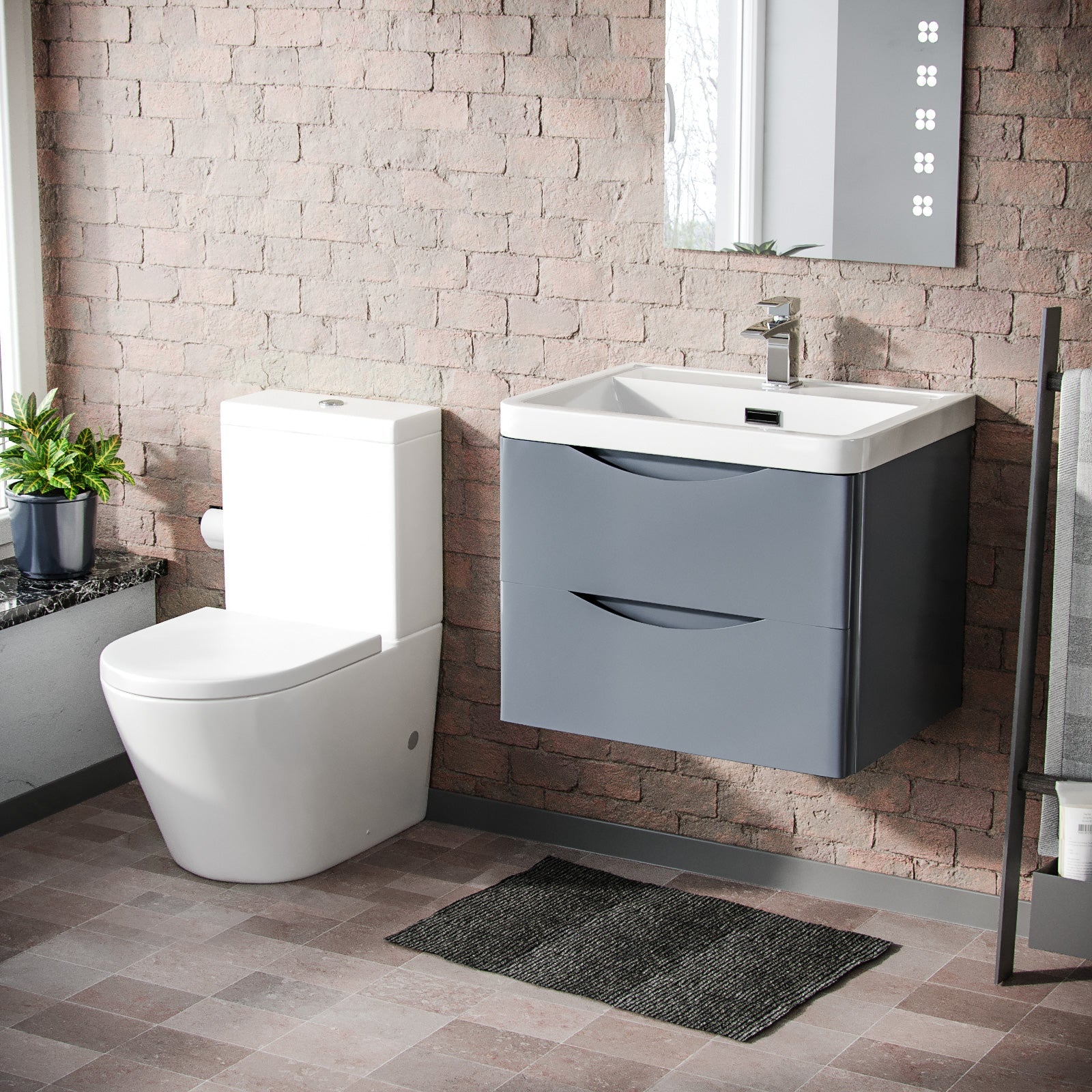 Merton 600mm Grey Basin Vanity Wall Hung and Rimless Close Coupled Toilet