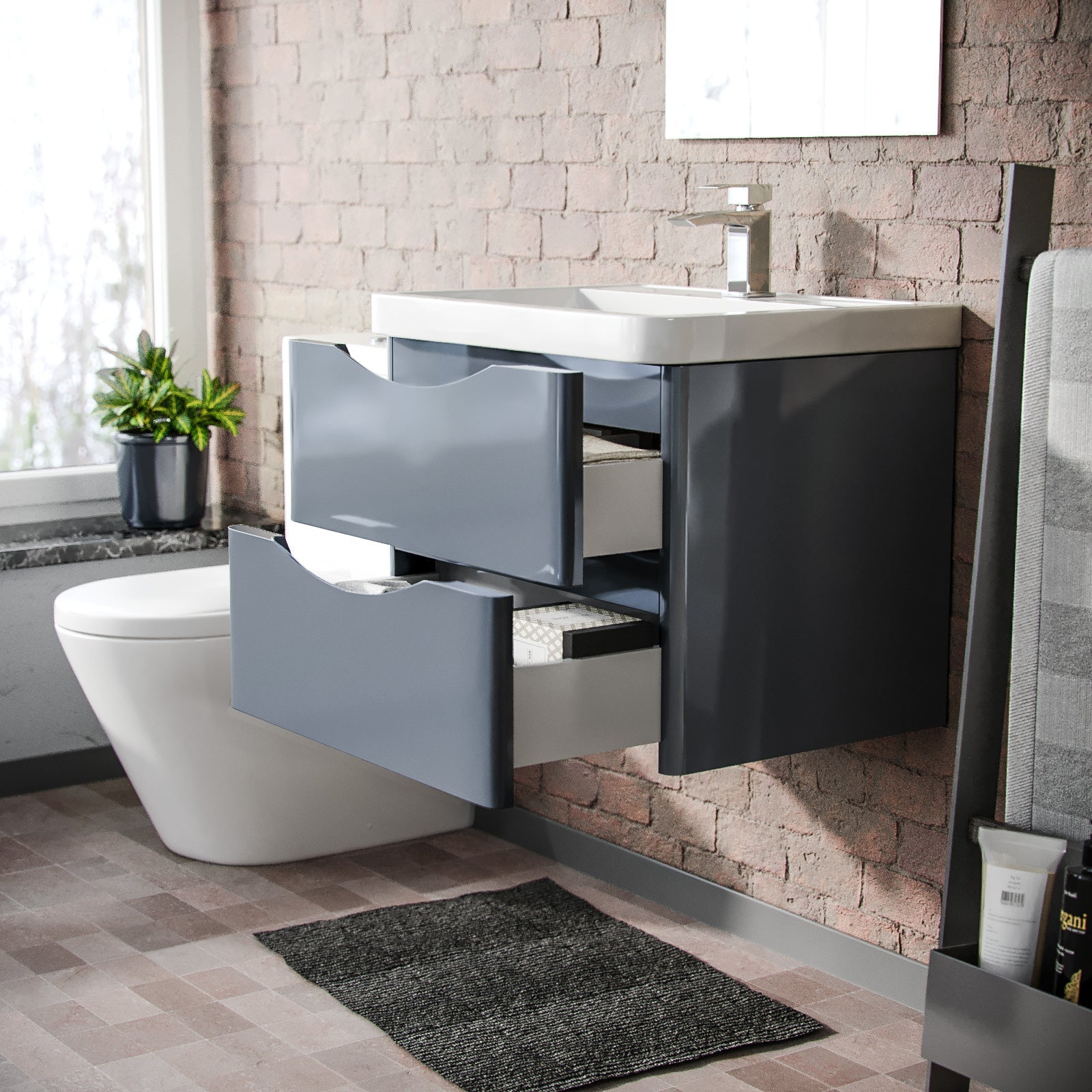 Merton 600mm Grey Basin Vanity Wall Hung and Rimless Close Coupled Toilet
