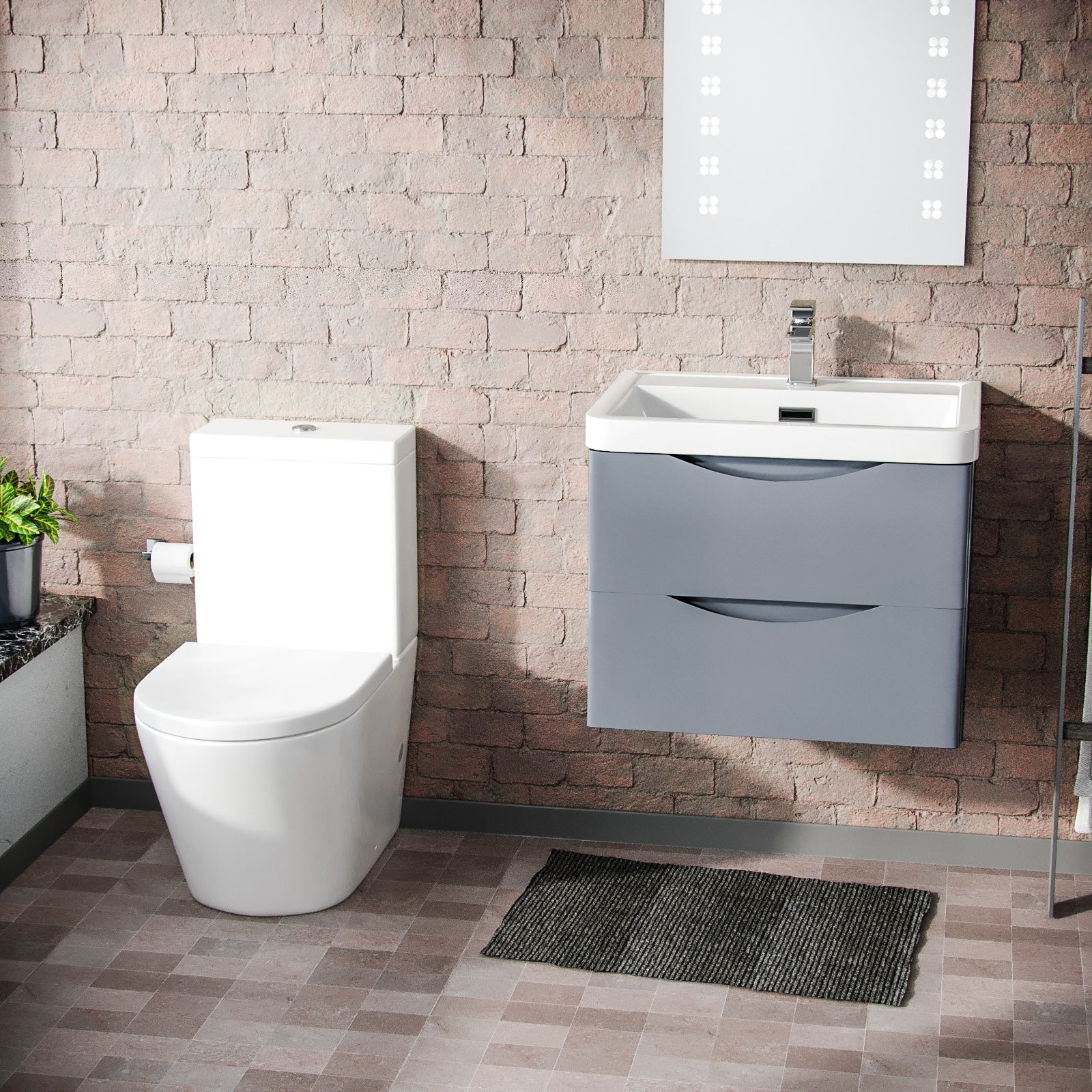 Merton 600mm Grey Basin Vanity Wall Hung and Rimless Close Coupled Toilet
