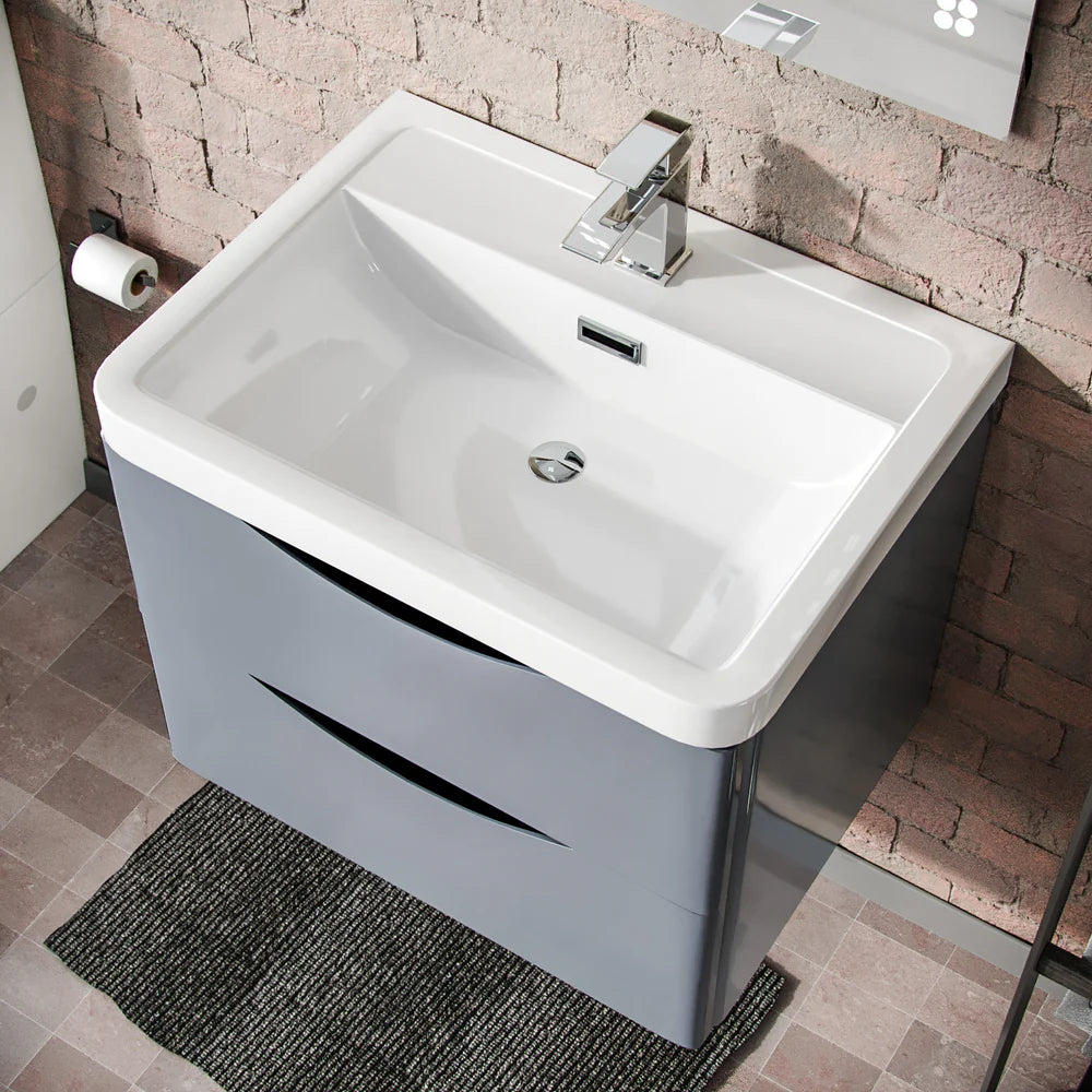 Merton Grey 600mm Wall Hung Vanity Basin Unit & Square Rimless Close Coupled Toilet