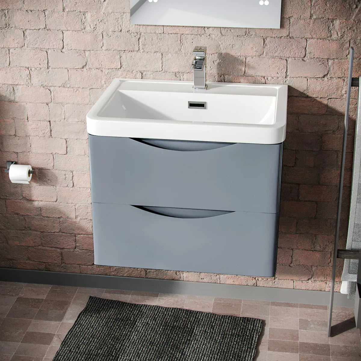Merton 600mm Wall Hung Vanity Basin Unit & Square Rimless Close Coupled Toilet Grey