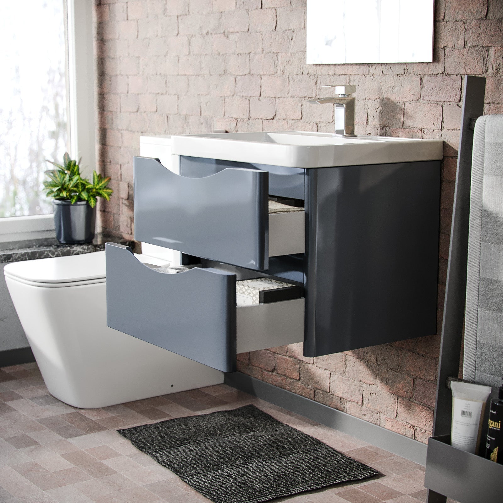 Merton 600mm Wall Hung Vanity Basin Unit & Square Rimless Close Coupled Toilet Grey
