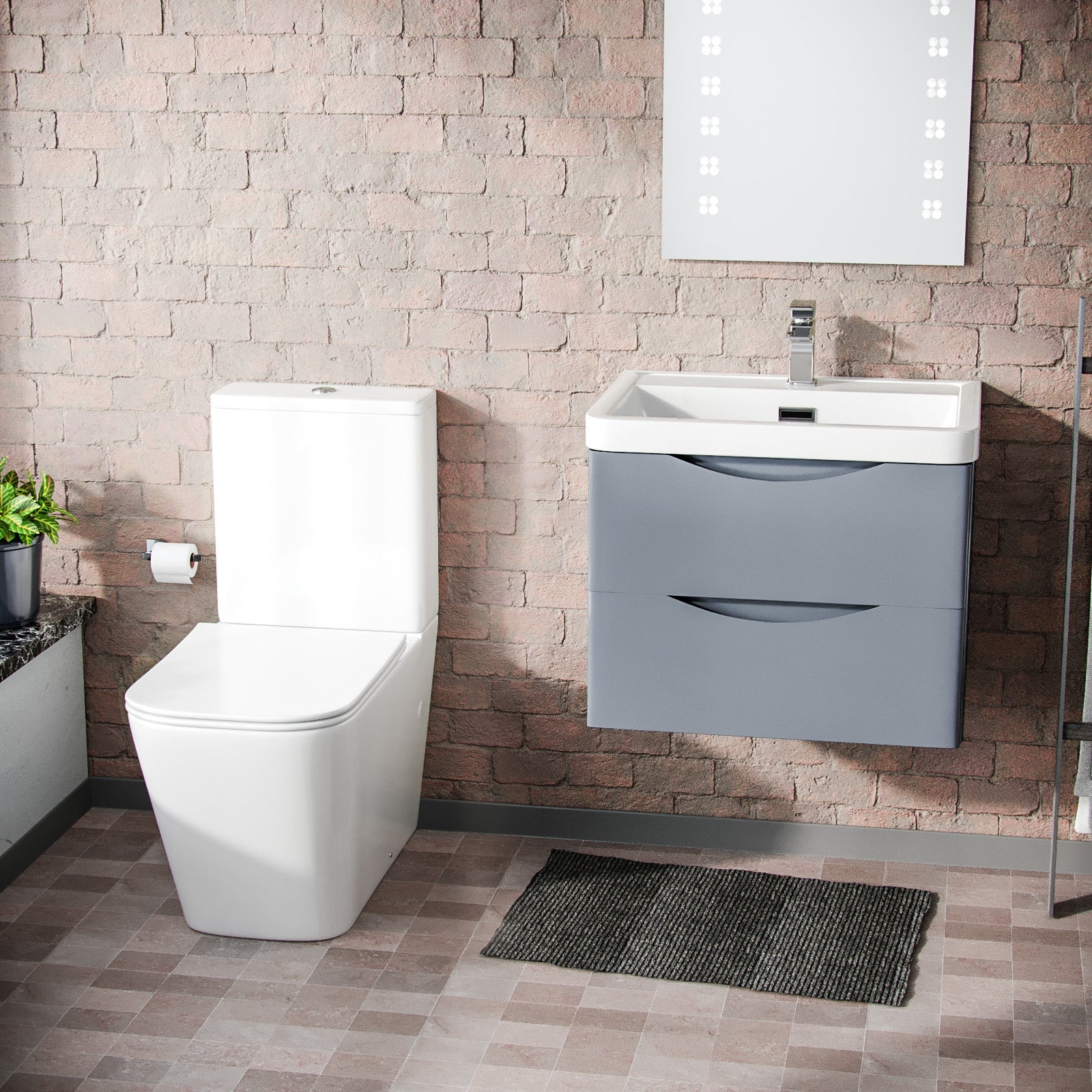 Merton 600mm Wall Hung Vanity Basin Unit & Square Rimless Close Coupled Toilet Grey