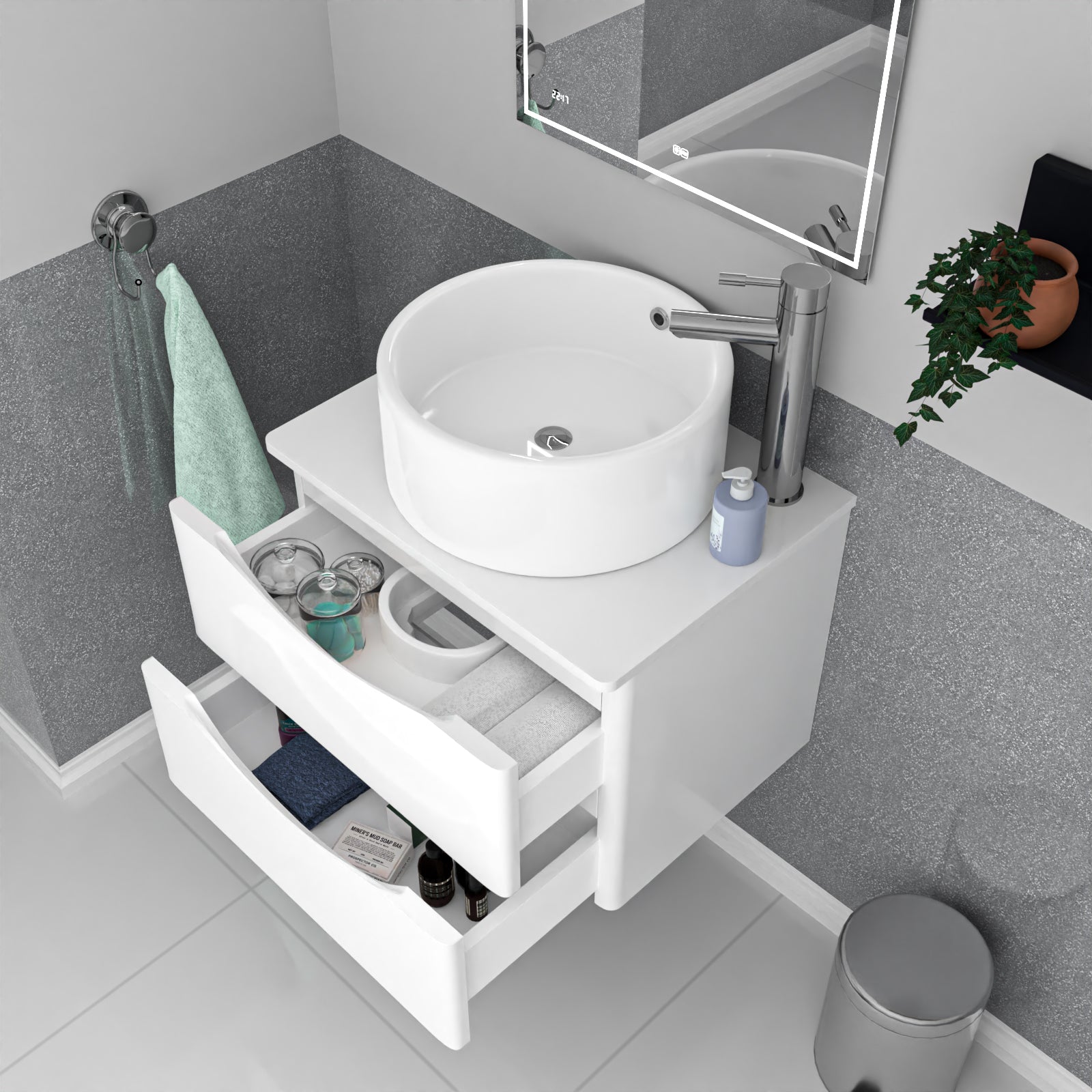 Merton 600mm White Wall Hung Vanity Unit, Worktop With Round Bowl Basin
