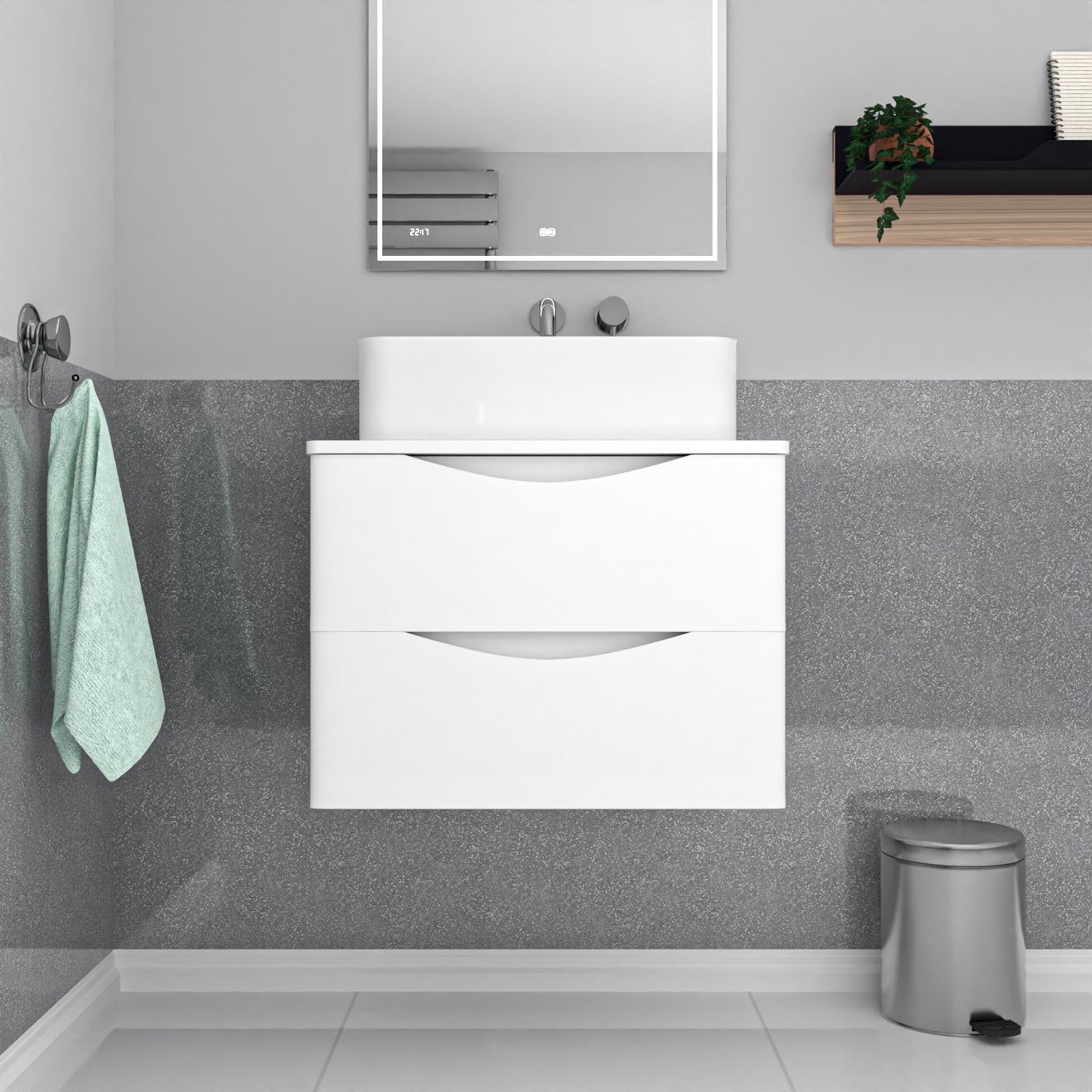 Merton 600mm White Wall Hung Vanity Unit, Worktop With Square Basin