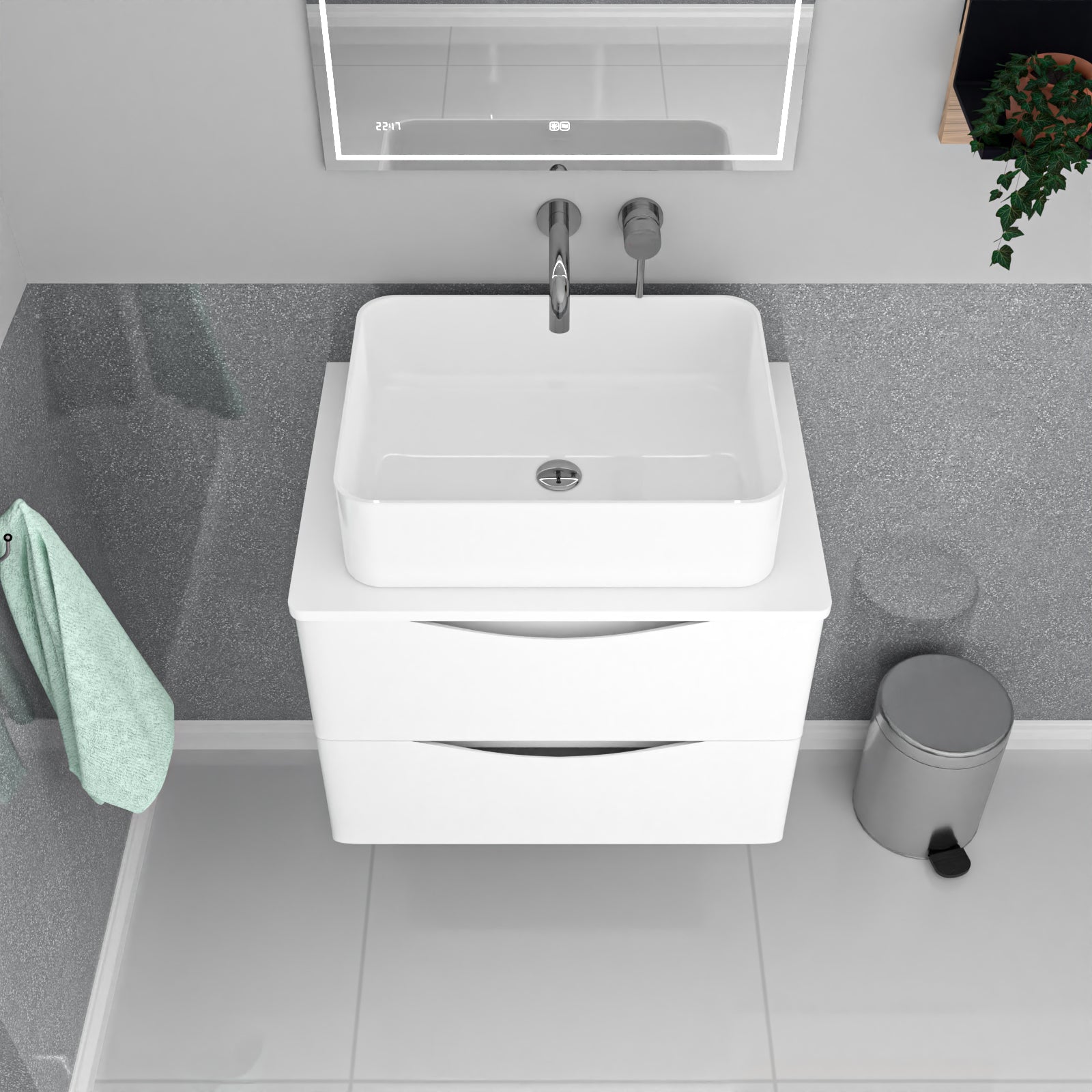 Merton 600mm White Wall Hung Vanity Unit, Worktop With Square Basin