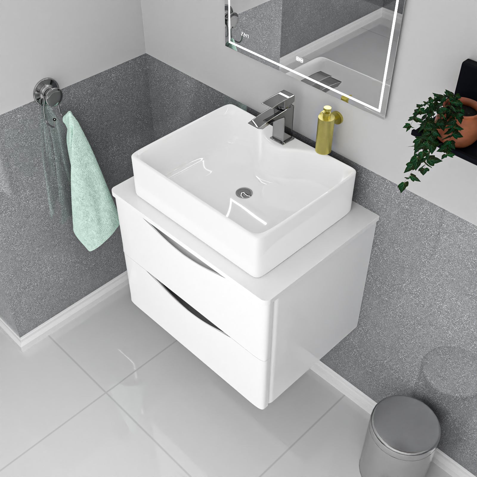 Merton 600mm White Wall Hung Vanity Unit, Worktop With Square Bowl Basin
