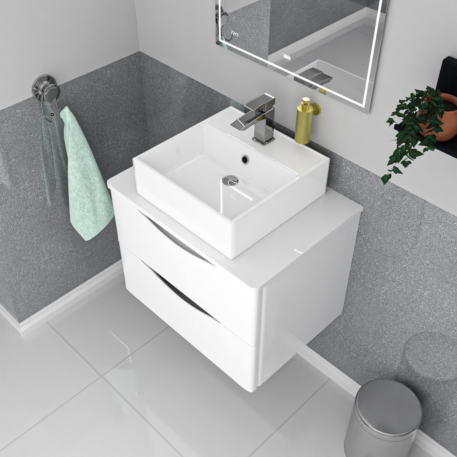 Merton 600mm Wall Hung White 2 Drawers Vanity & Worktop With Square Basin