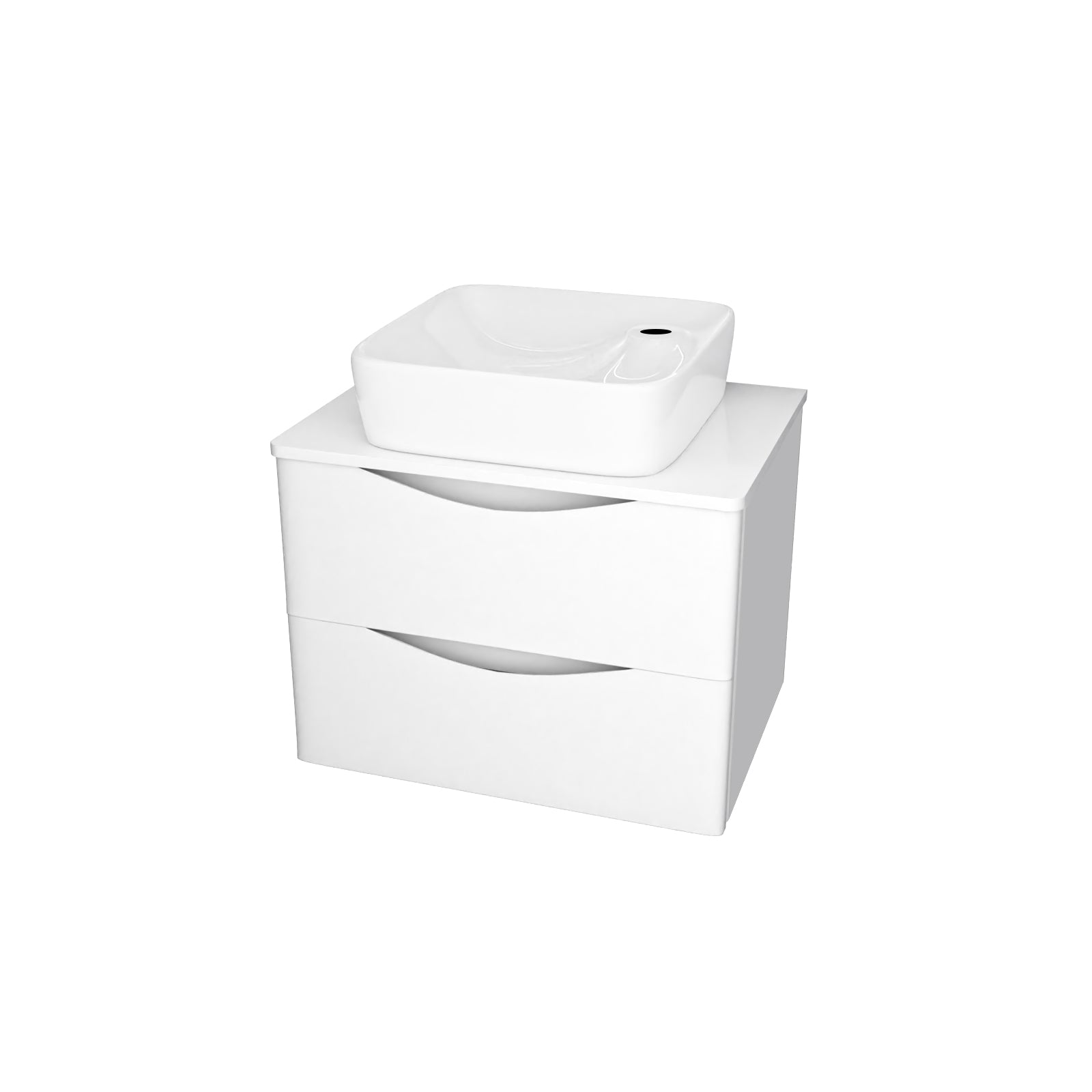 Merton 600mm Wall Hung White Vanity, Worktop & Square Rounded Corner Basin