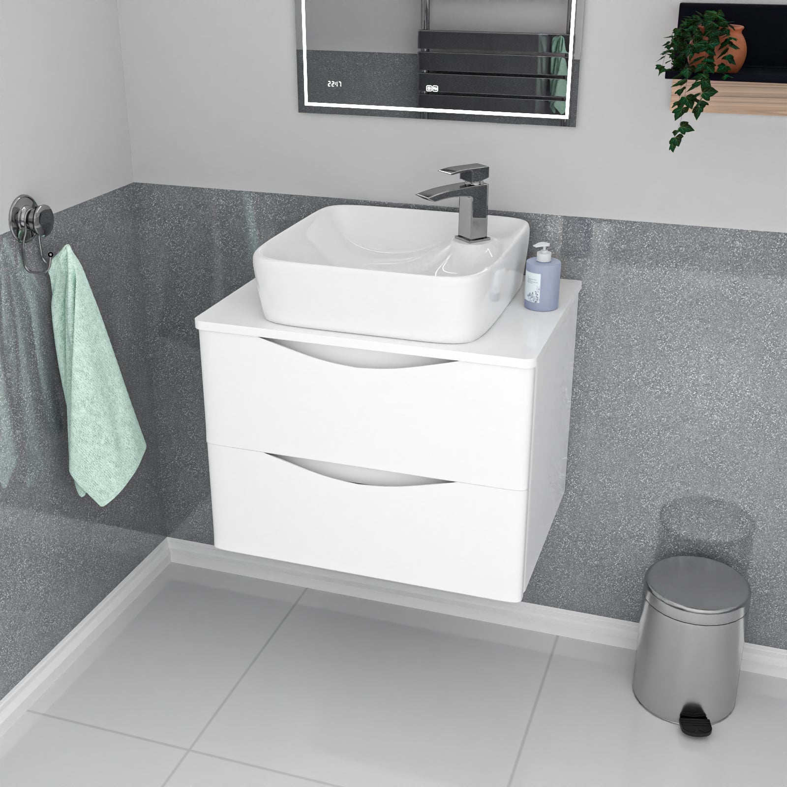 Merton 600mm Wall Hung White Vanity, Worktop & Square Rounded Corner Basin