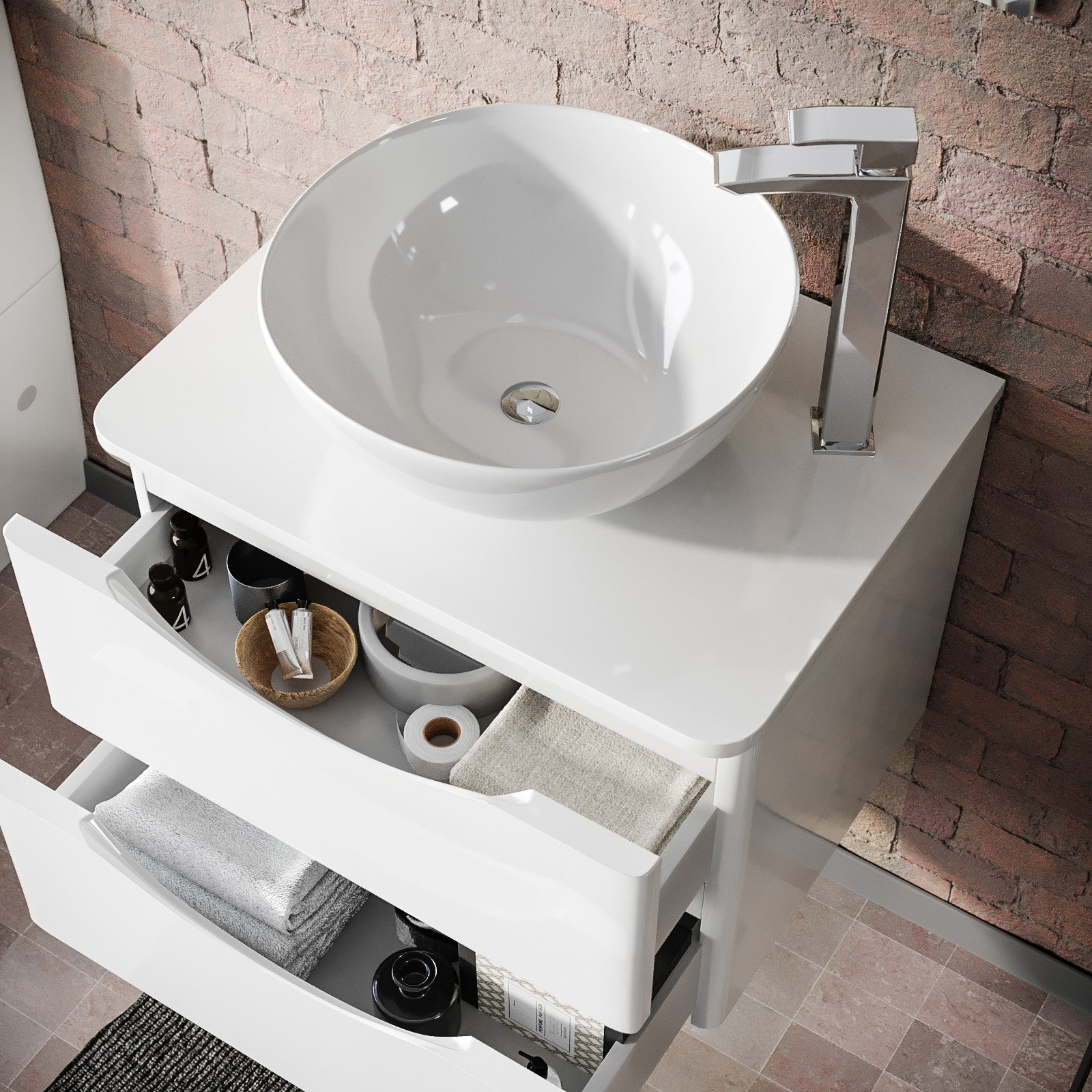 Merton White 600mm Bathroom Wall Hung Vanity Unit With Round Ceramic Countertop 420mm Basin