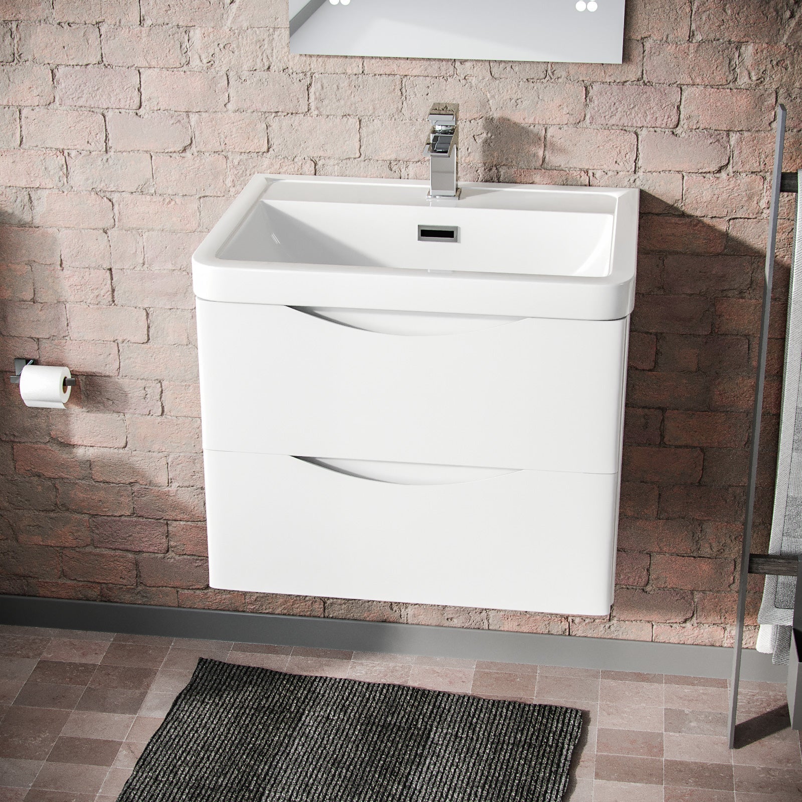 Merton 600mm Wall Hung Flat Pack Vanity Basin Unit & Square Rimless Close Coupled Toilet White Gloss
