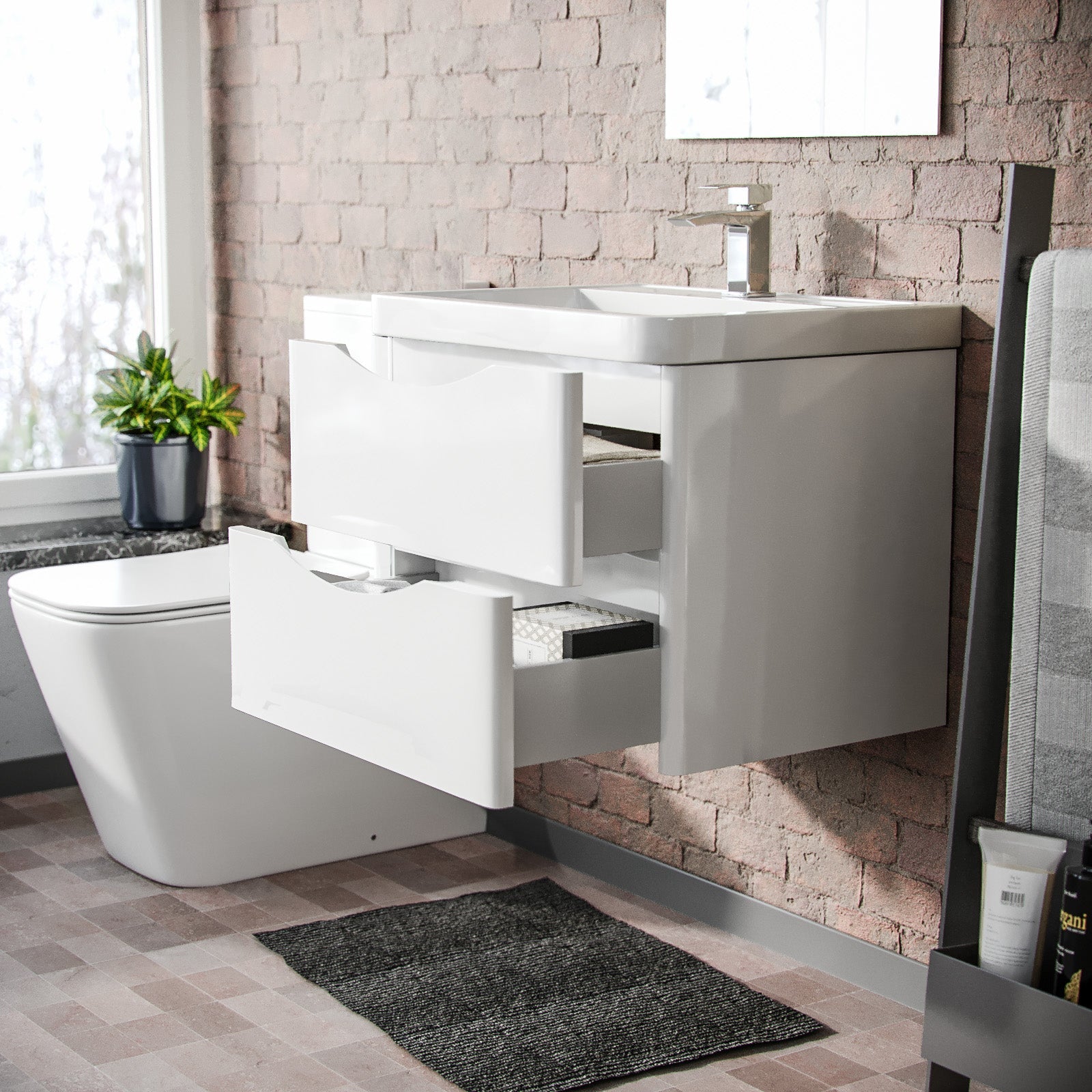 Merton 600mm Wall Hung Flat Pack Vanity Basin Unit & Square Rimless Close Coupled Toilet White Gloss