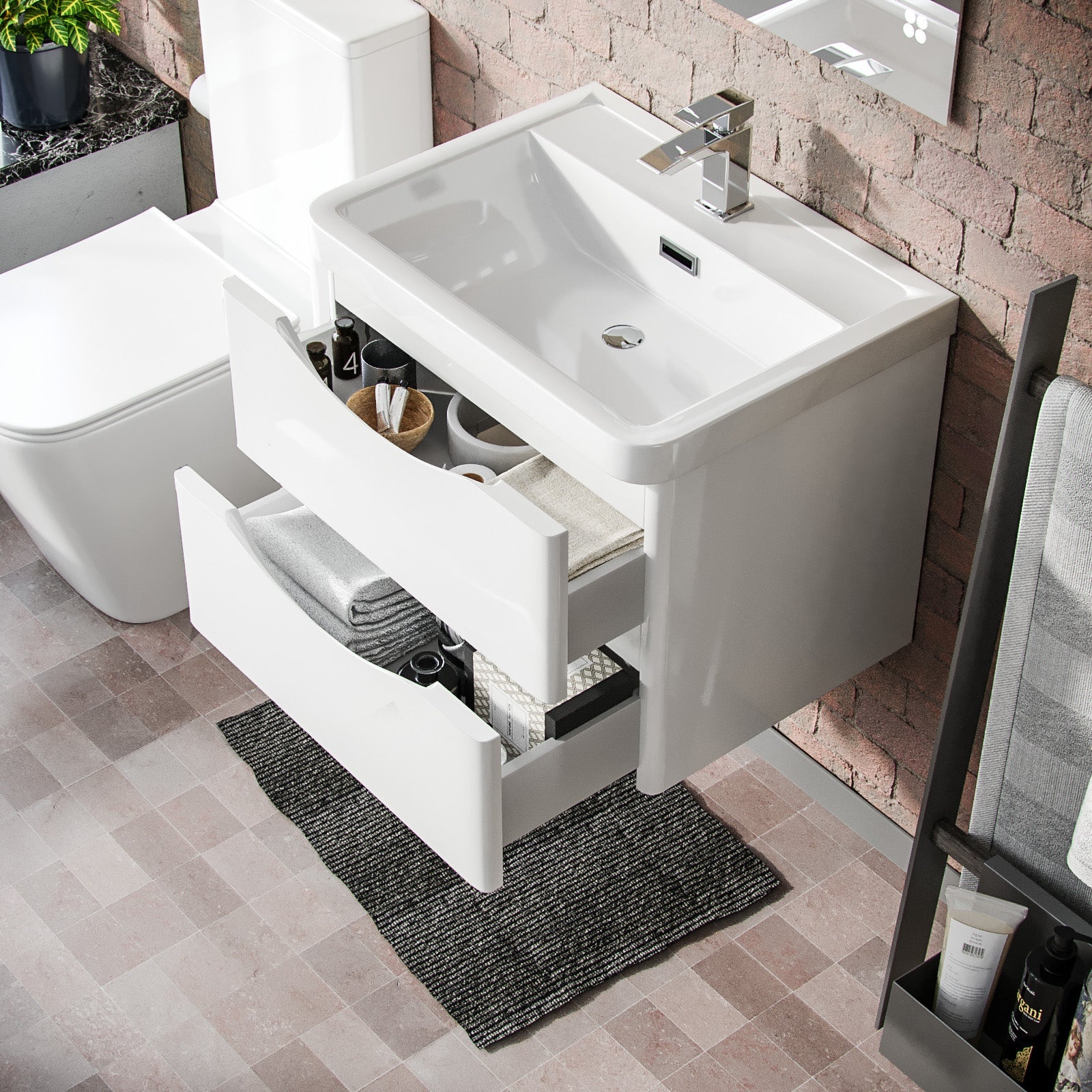 Merton 600mm Wall Hung Flat Pack Vanity Basin Unit & Square Rimless Close Coupled Toilet White Gloss
