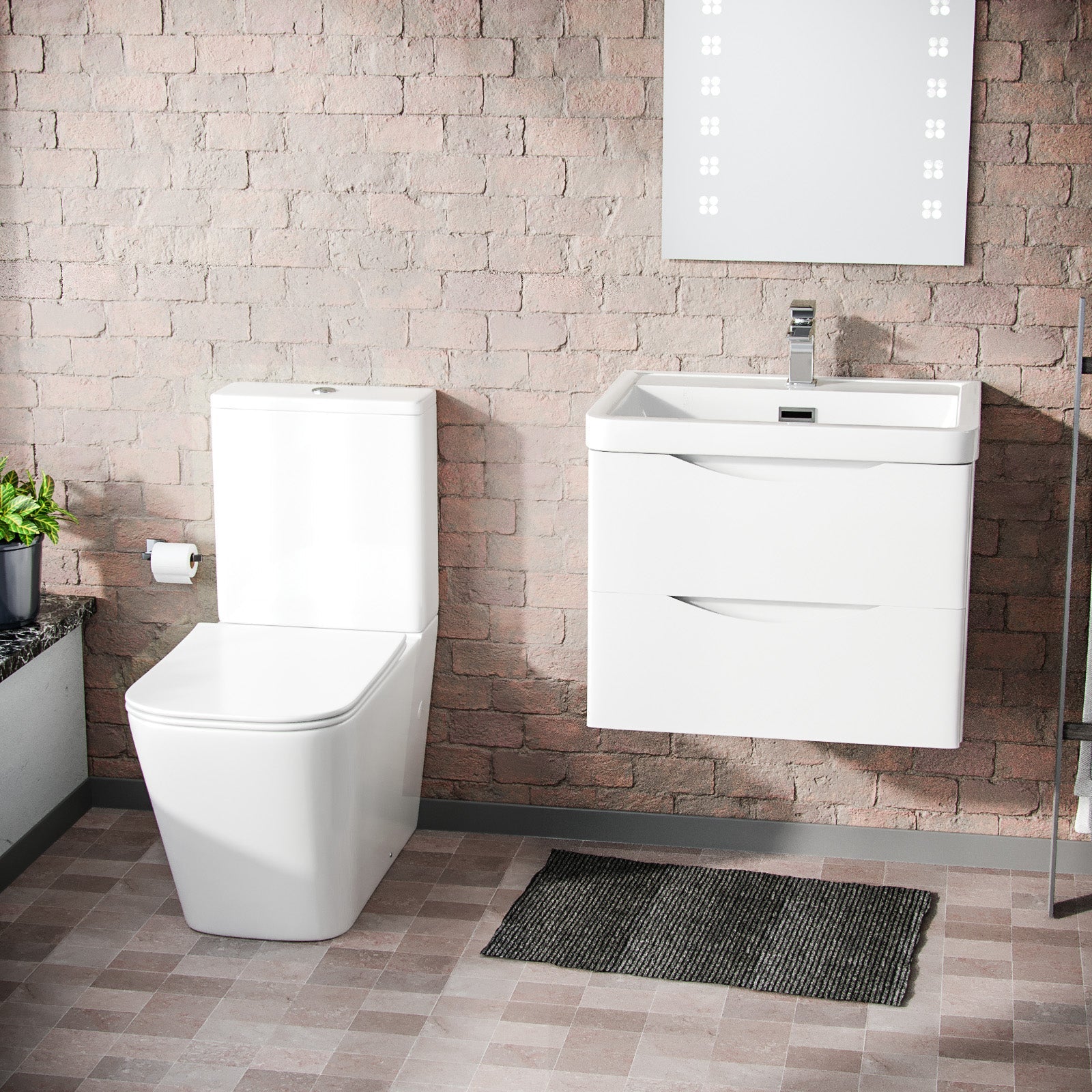Merton 600mm Wall Hung Flat Pack Vanity Basin Unit & Square Rimless Close Coupled Toilet White Gloss